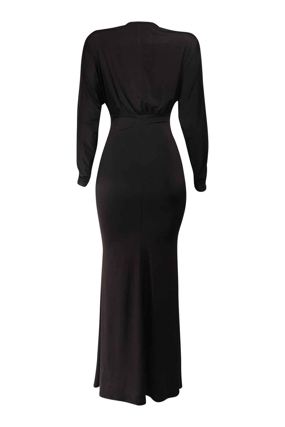Black plunge cutout batwing maxi dress, back view on model