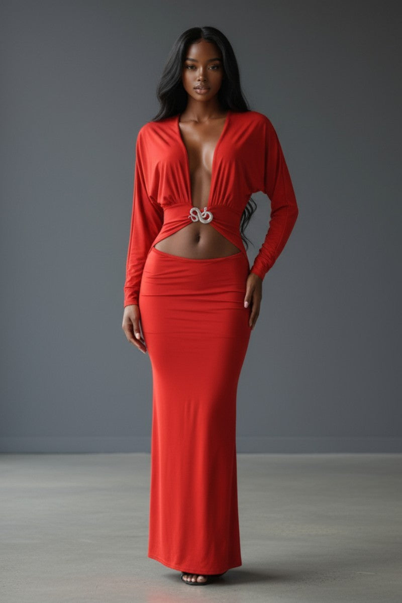 Plunge Cutout Batwing Maxi Dress in Red – Back view