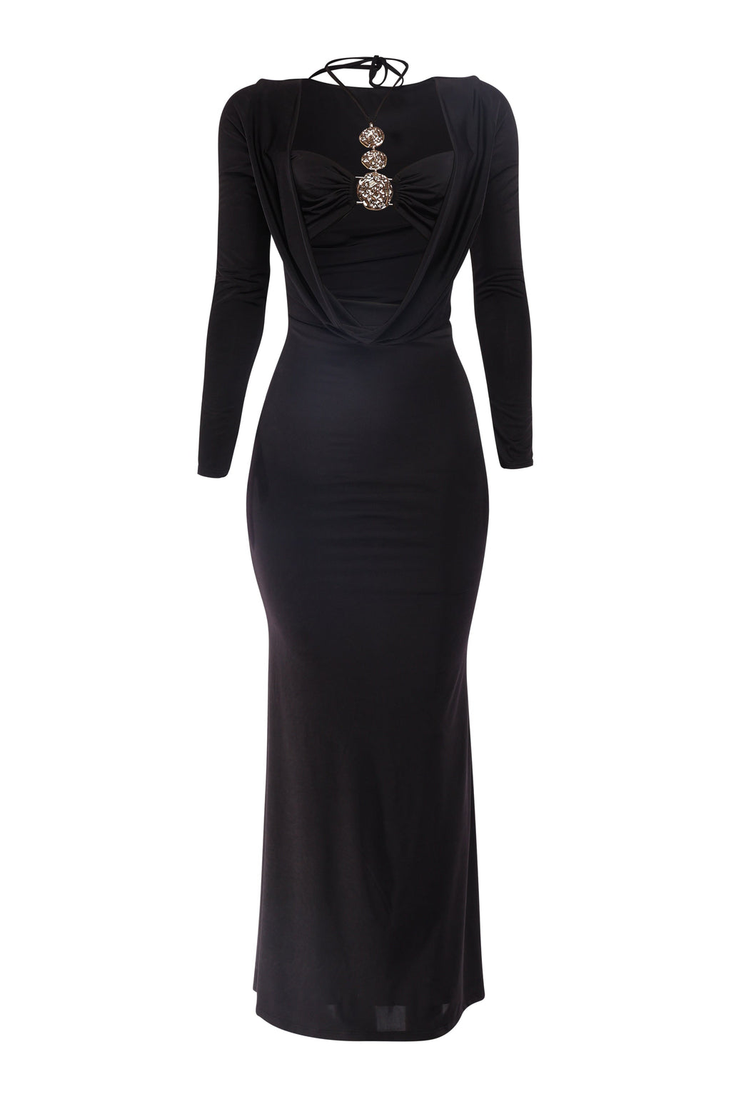 Black cowl neck long sleeve trim maxi dress, detail view on model