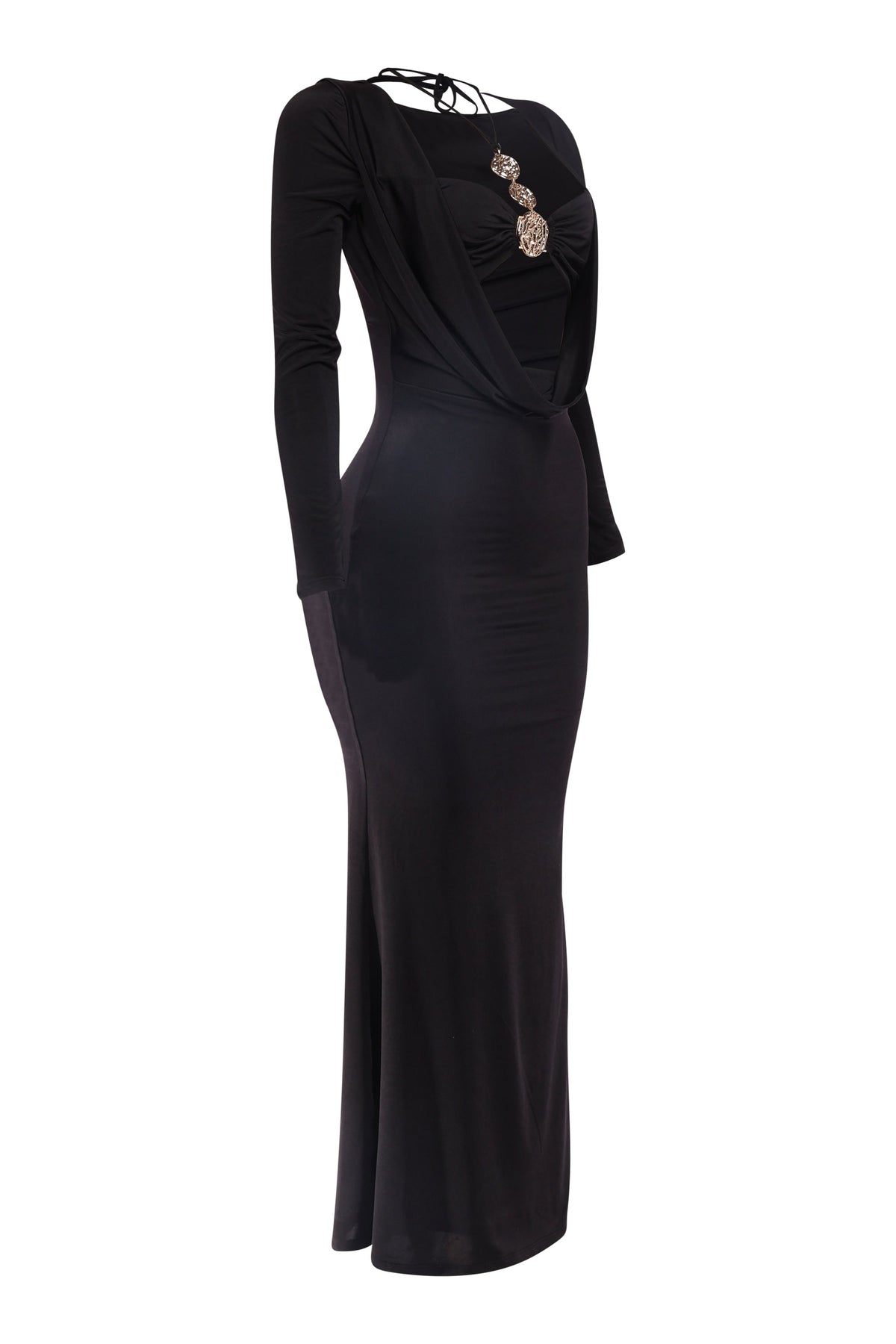 Black cowl neck long sleeve trim maxi dress, side view on model