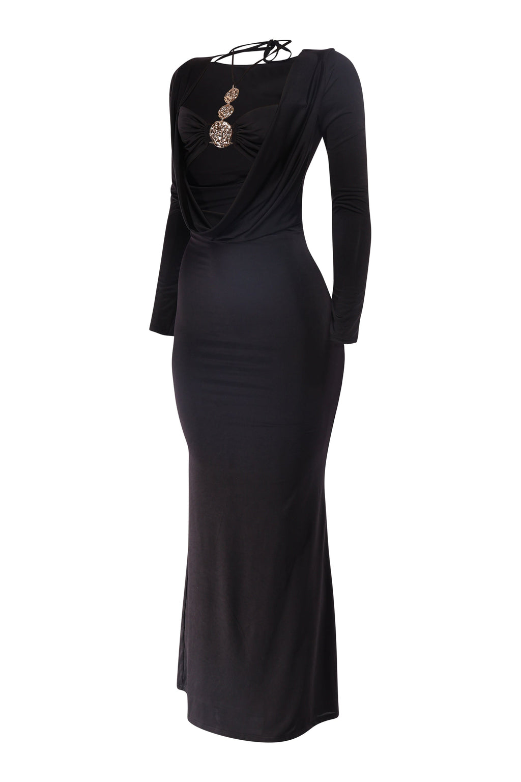Black cowl neck long sleeve trim maxi dress, full-length view on model