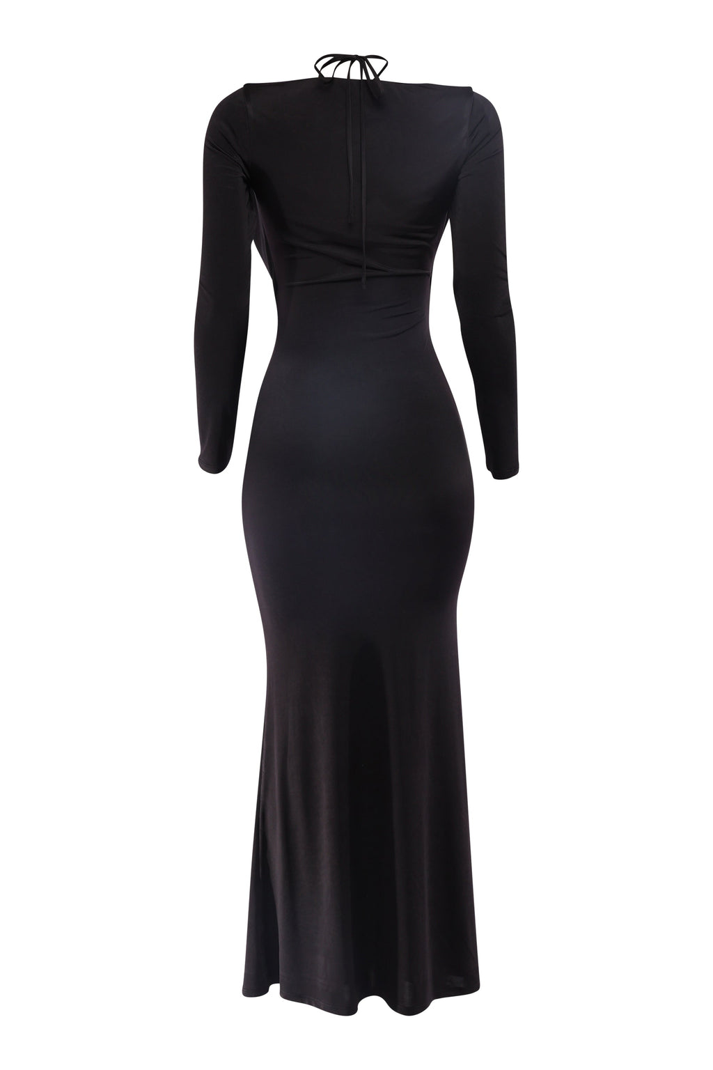 Black cowl neck long sleeve trim maxi dress, close-up view on model