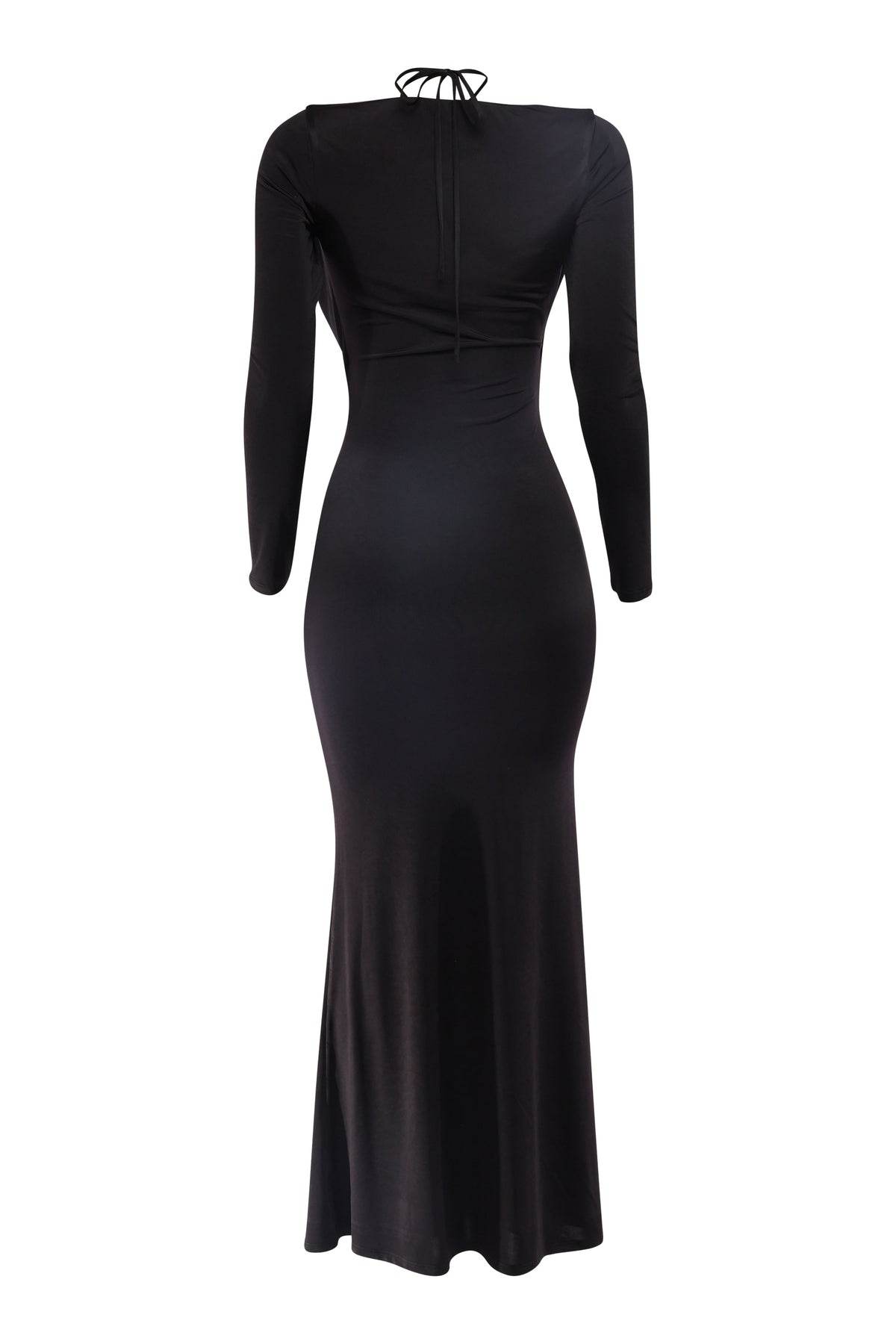Black cowl neck long sleeve trim maxi dress, close-up view on model