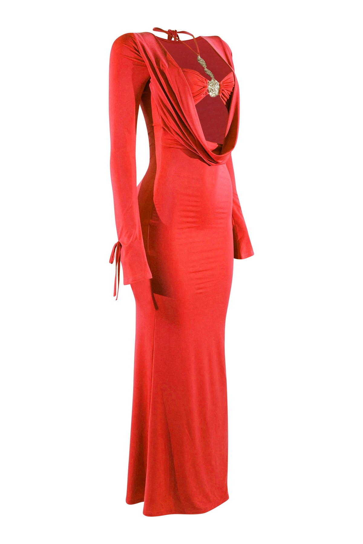 Red cowl neck long sleeve trim maxi dress, back view on model