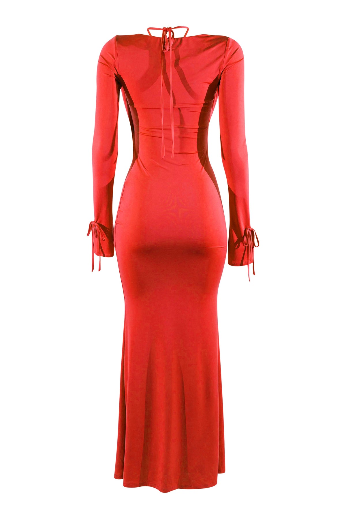 Red cowl neck long sleeve trim maxi dress, front view on model
