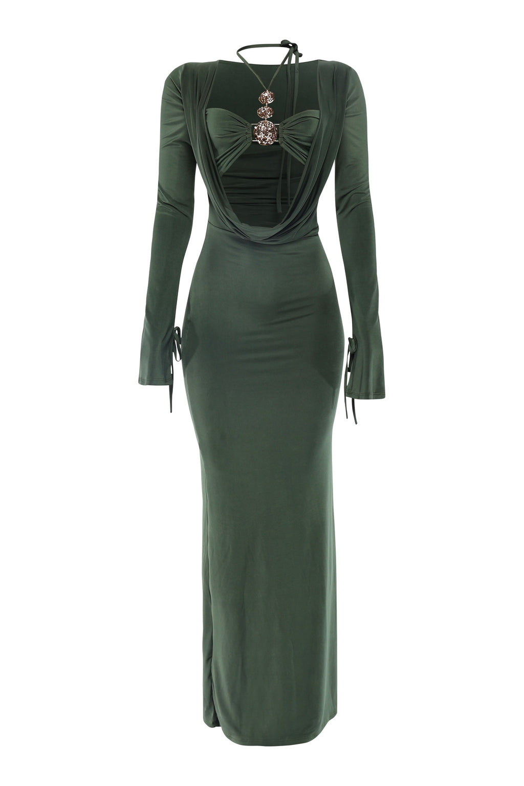 Olive cowl neck long sleeve trim maxi dress, back view on model