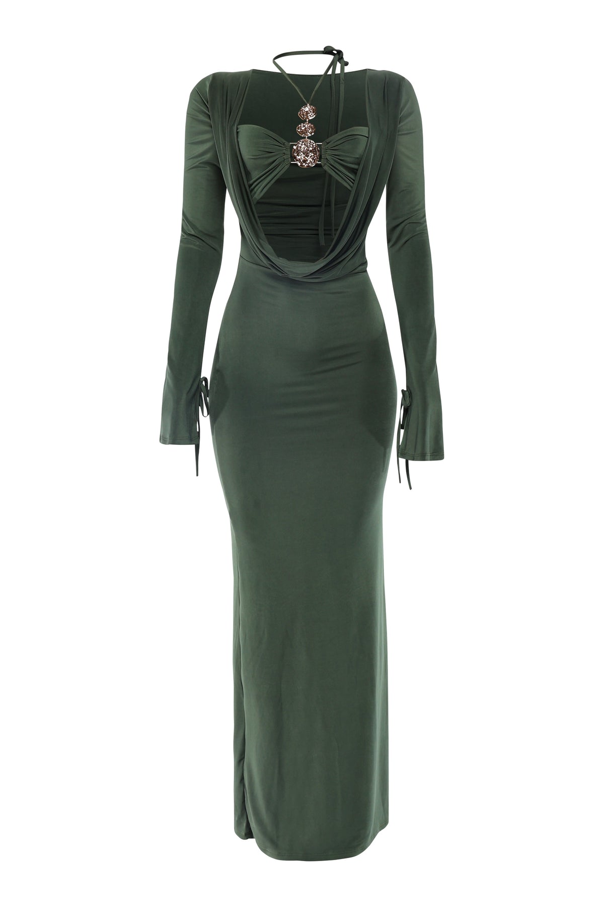 Olive cowl neck long sleeve trim maxi dress, back view on model