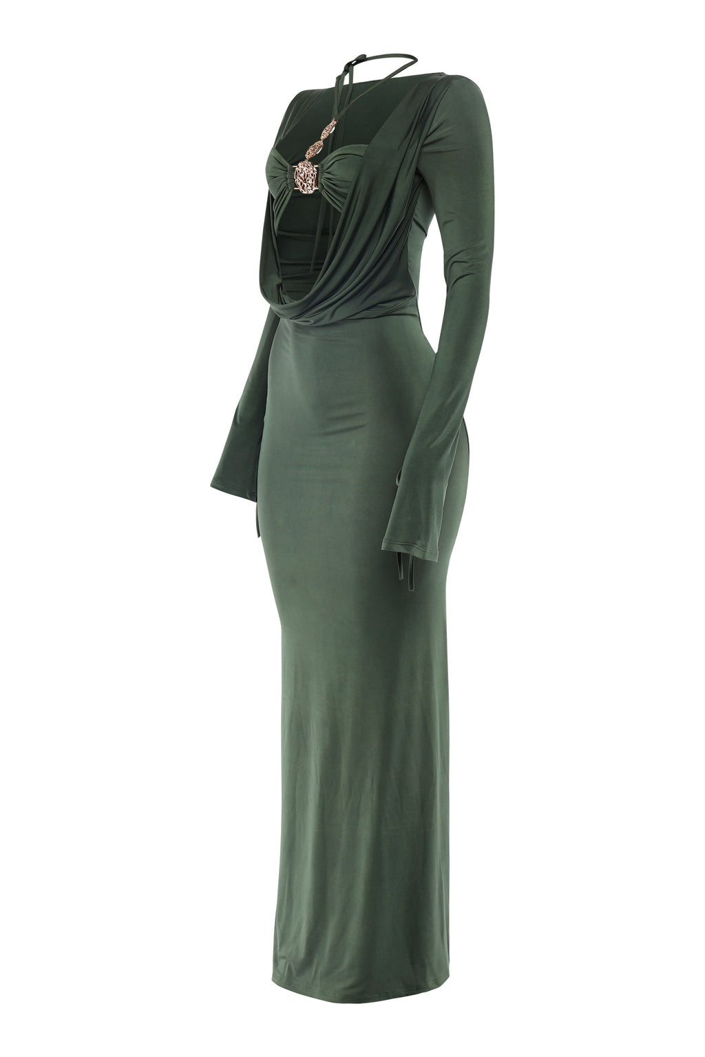 Olive cowl neck long sleeve trim maxi dress, close-up view on model