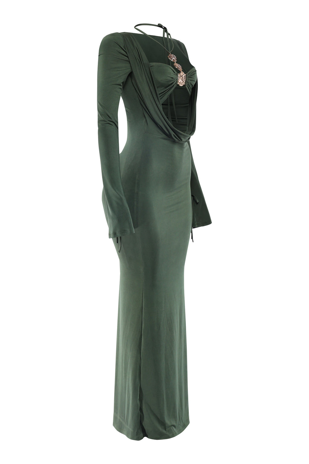 Olive cowl neck long sleeve trim maxi dress, detail view on model