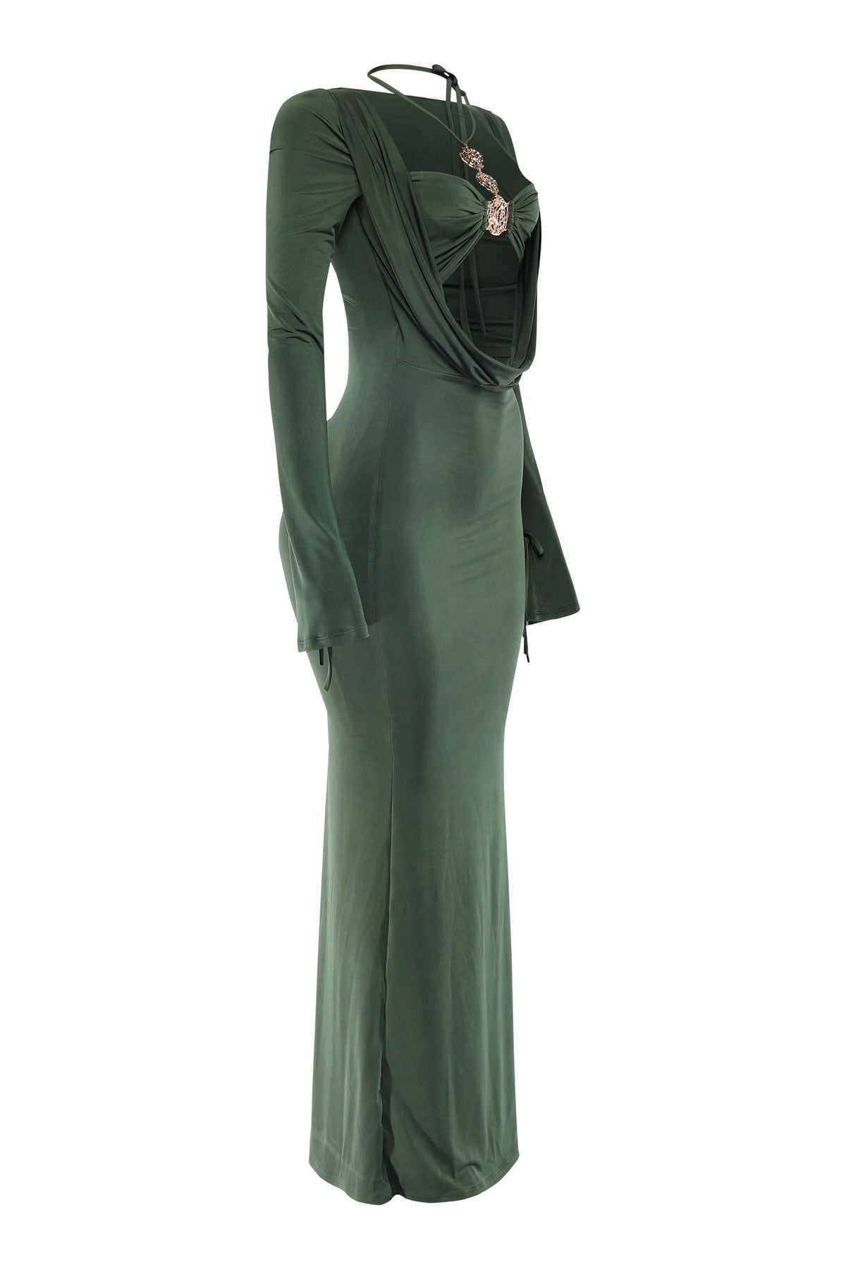 Olive cowl neck long sleeve trim maxi dress, detail view on model