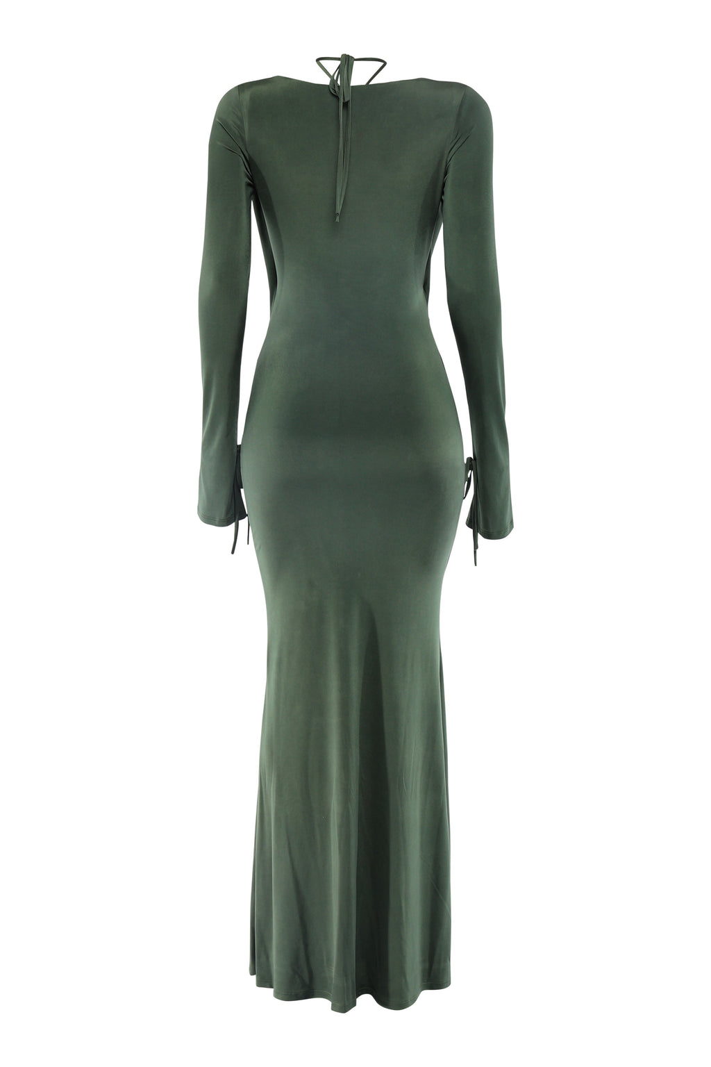 Olive cowl neck long sleeve trim maxi dress, side view on model