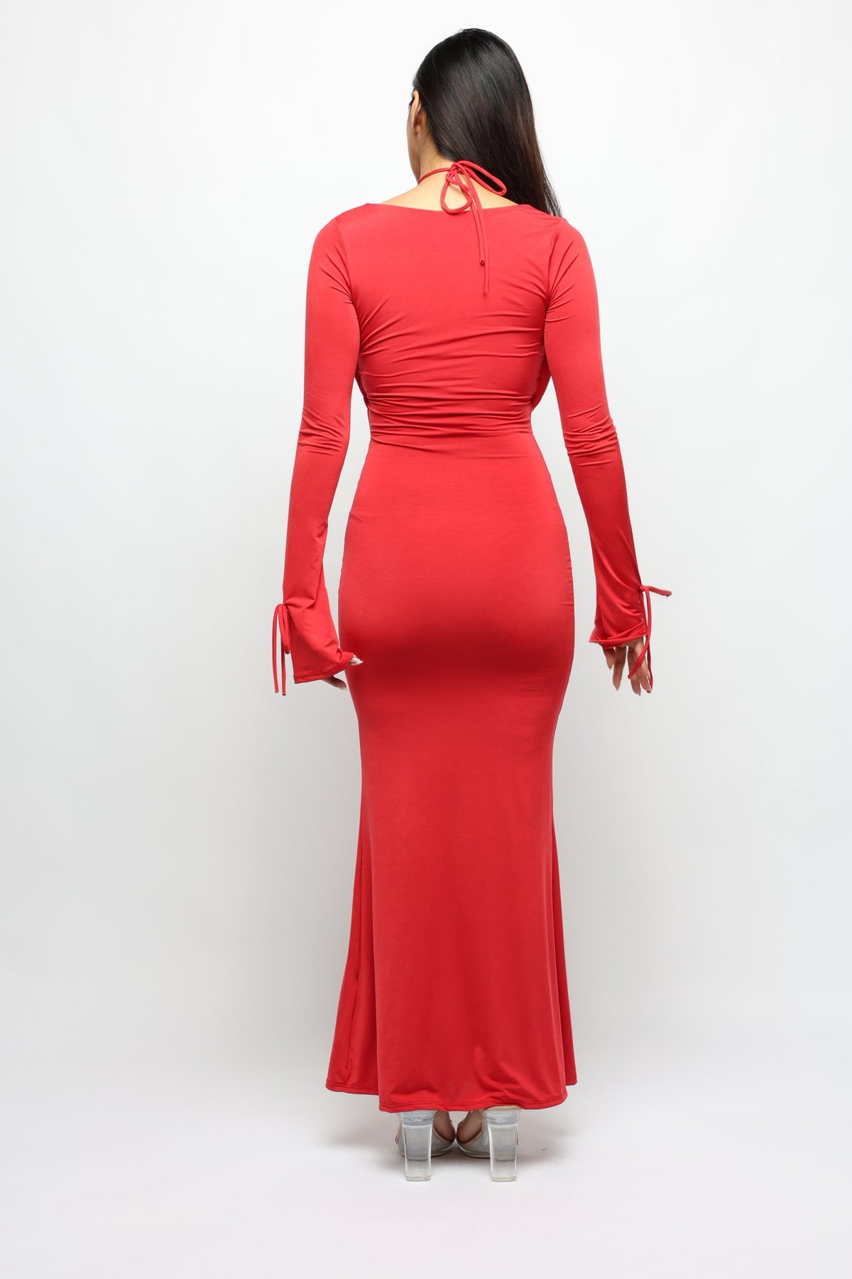 Cowl Neck Long Sleeve Trim Maxi Dress in Red – Detail view