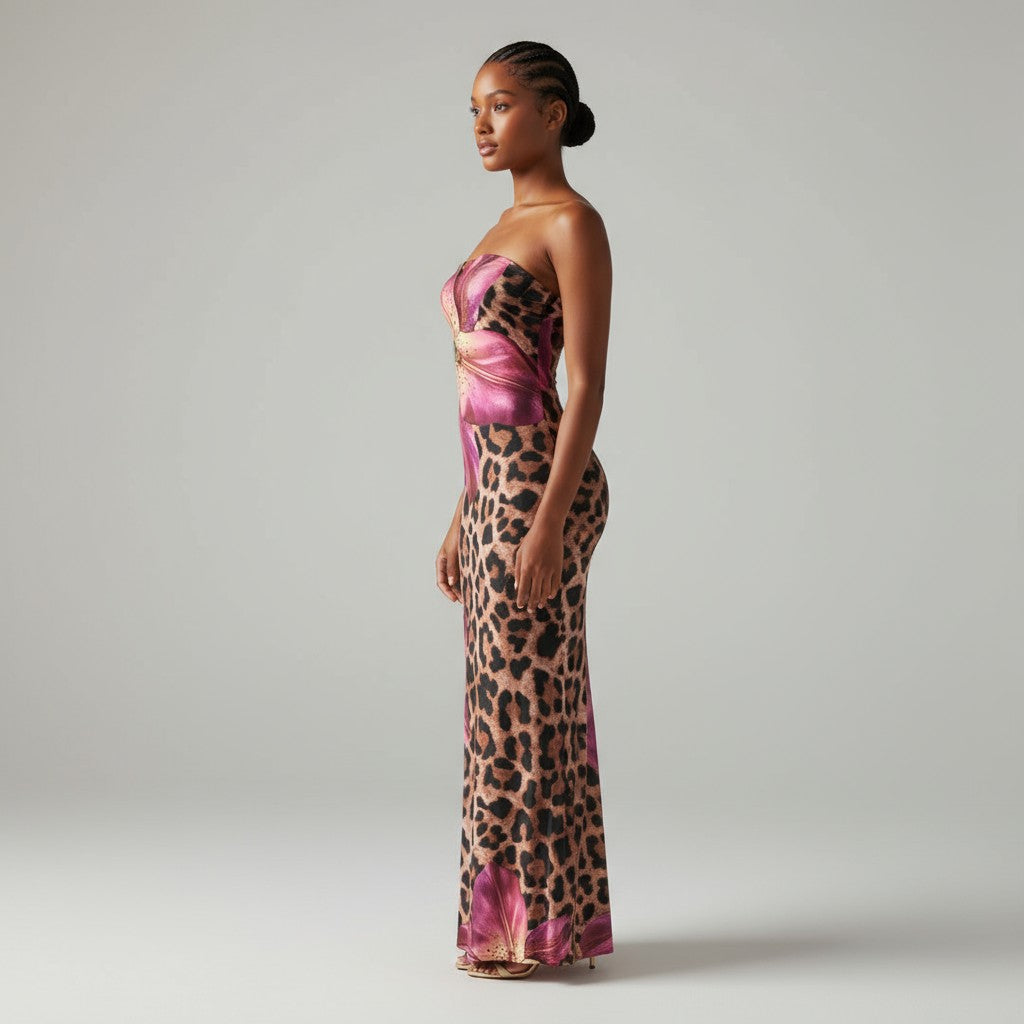 Brown and magenta strapless floral leopard flare maxi dress, side view on model