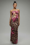 Strapless Floral Leopard Flare Maxi Dress in Brown Magenta – Side view