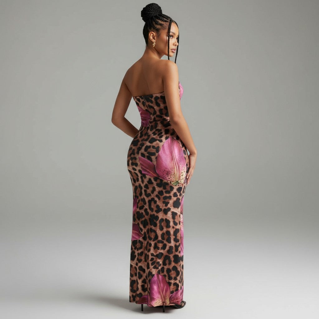 Strapless Floral Leopard Flare Maxi Dress – Detail view