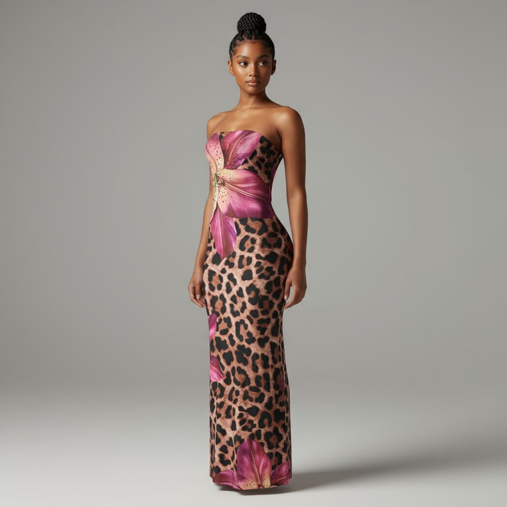 Brown and magenta strapless floral leopard flare maxi dress, detail view on model