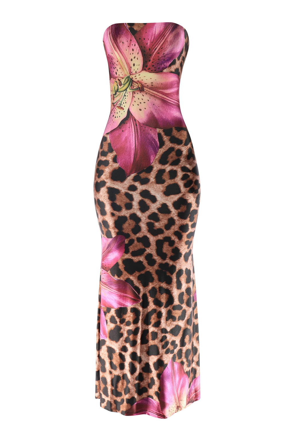 Brown and magenta strapless floral leopard flare maxi dress, close-up view on model