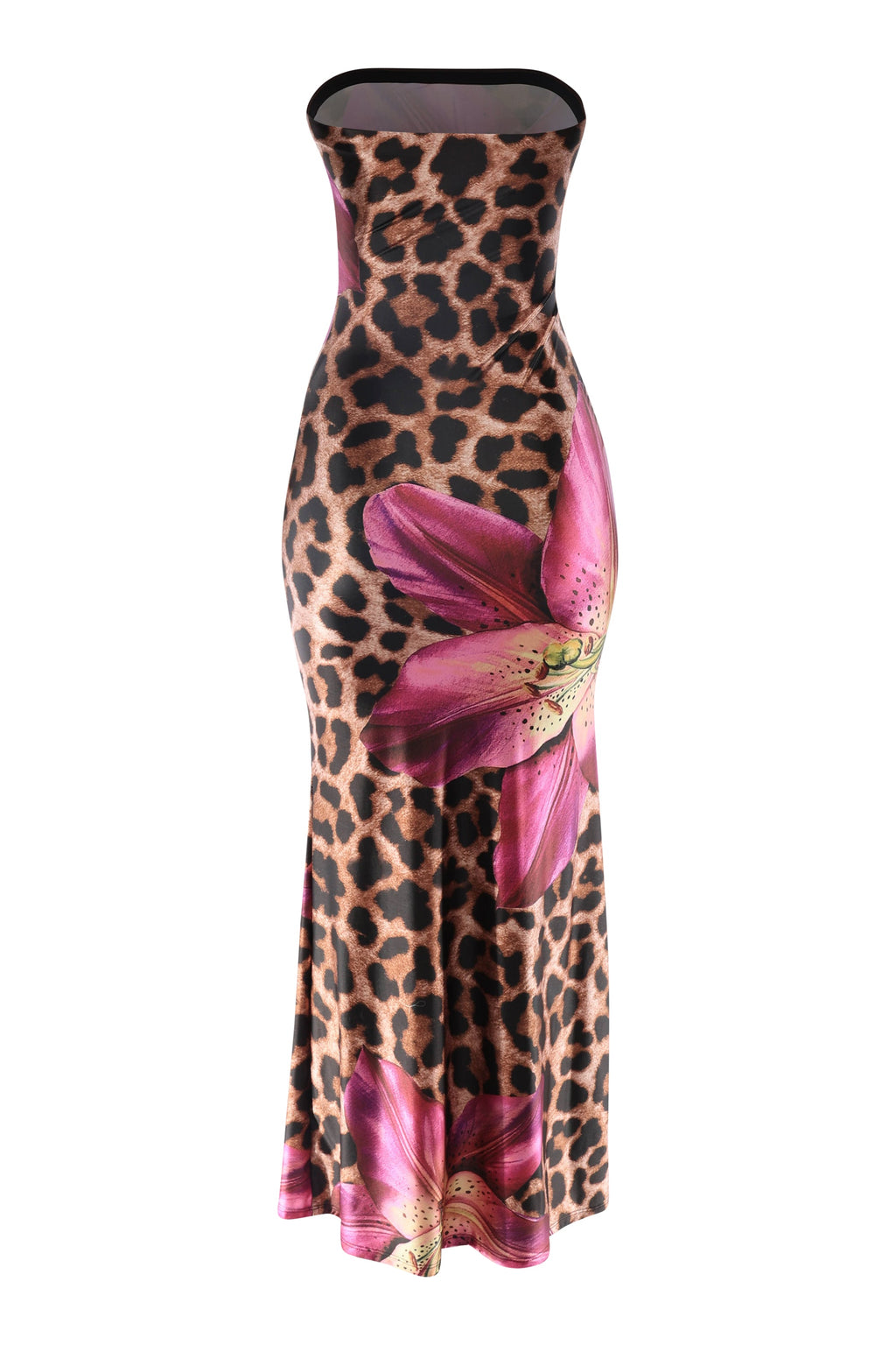 Brown and magenta strapless floral leopard flare maxi dress, styled look on model