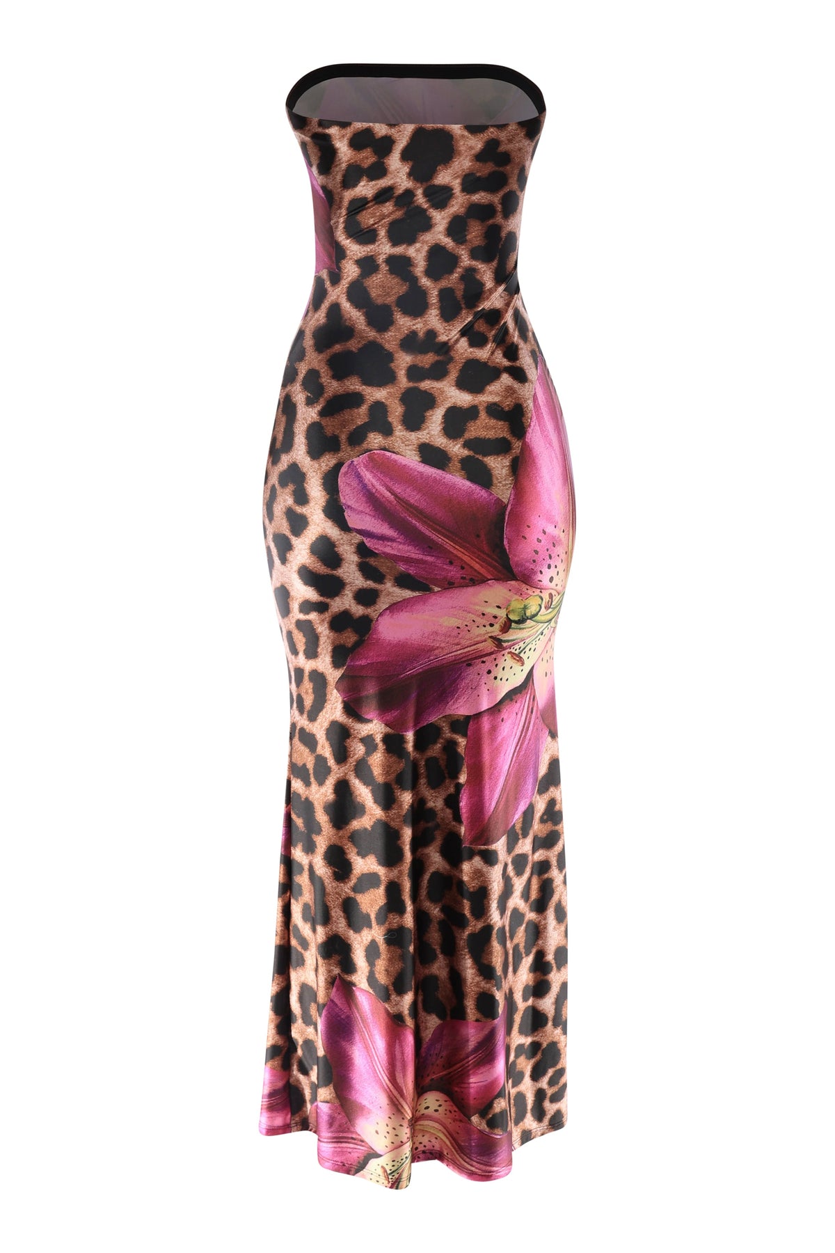 Brown and magenta strapless floral leopard flare maxi dress, styled look on model