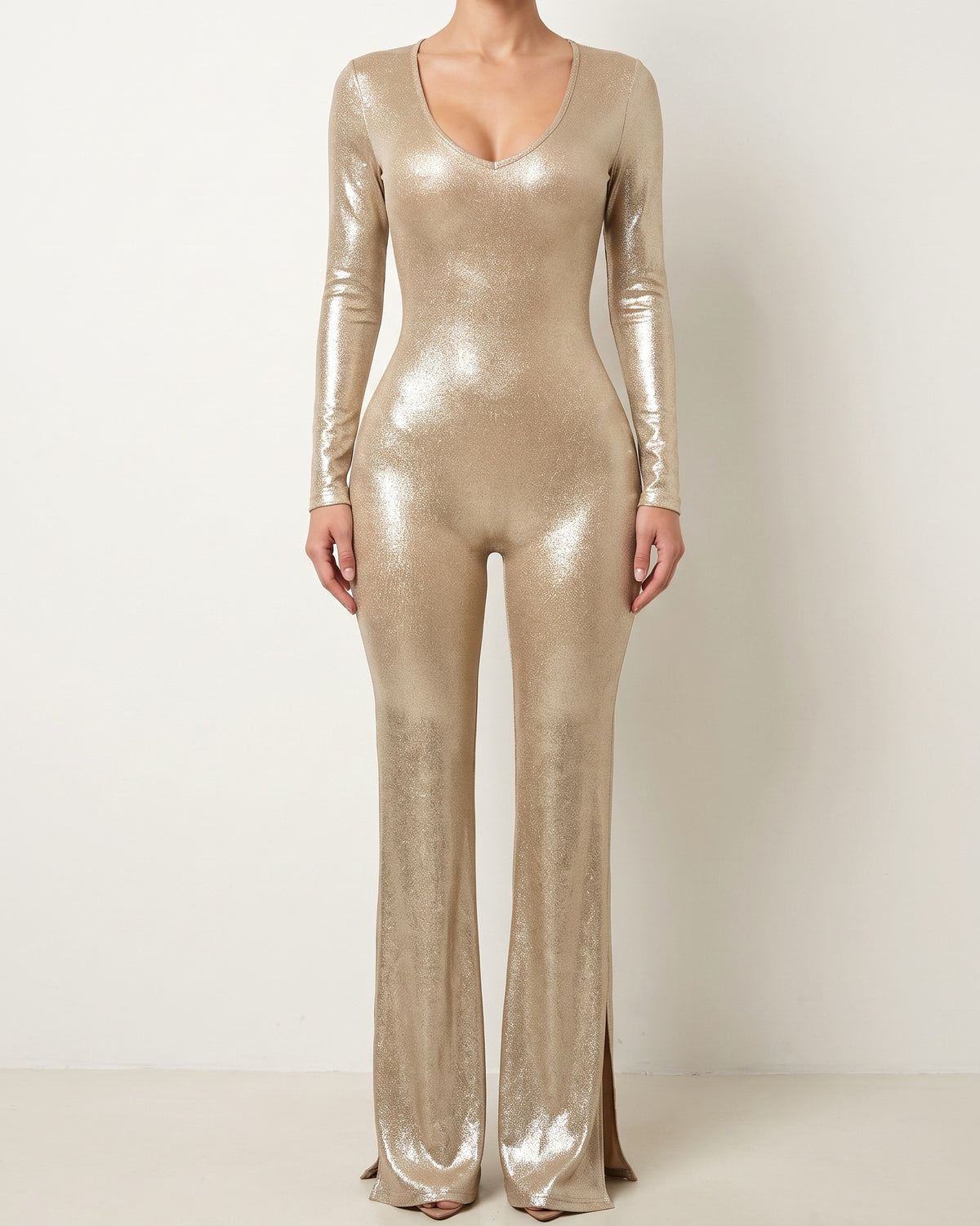 Gold tie back slit detailed jumpsuit, front view on model