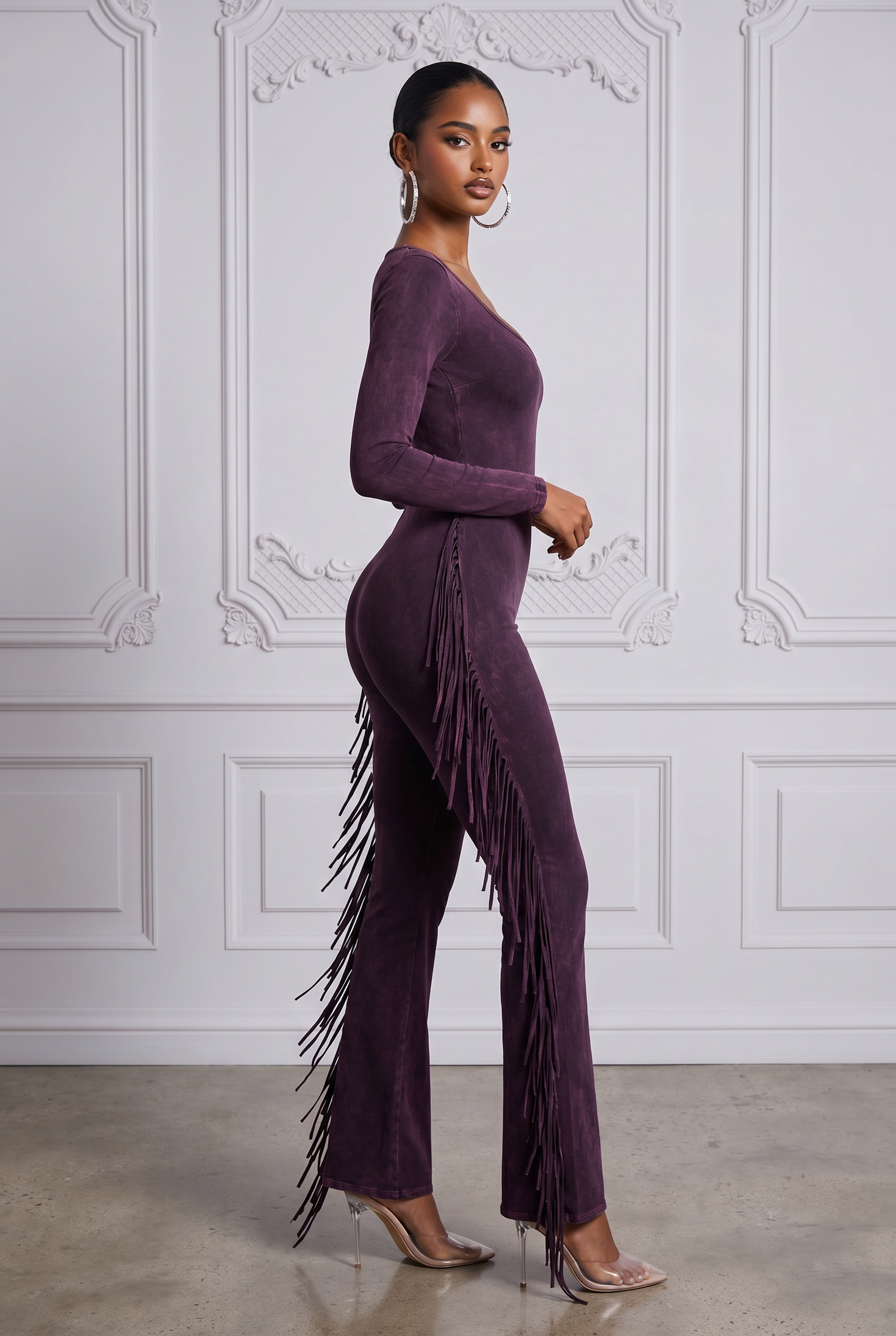 Mineral Wash Fringe Long Sleeve Jumpsuit in Dk Fuschia Size L – Side View