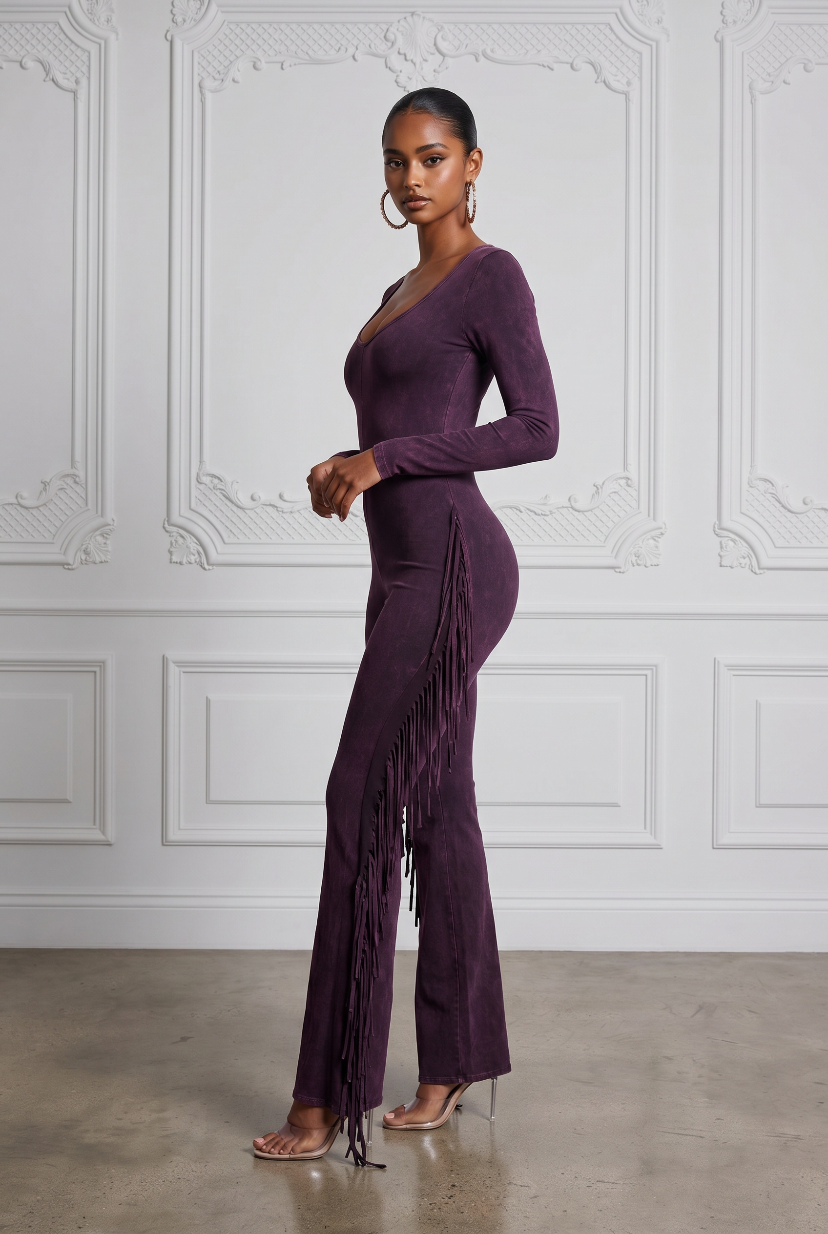 Mineral Wash Fringe Long Sleeve Jumpsuit in Charcoal Size S – Detail View