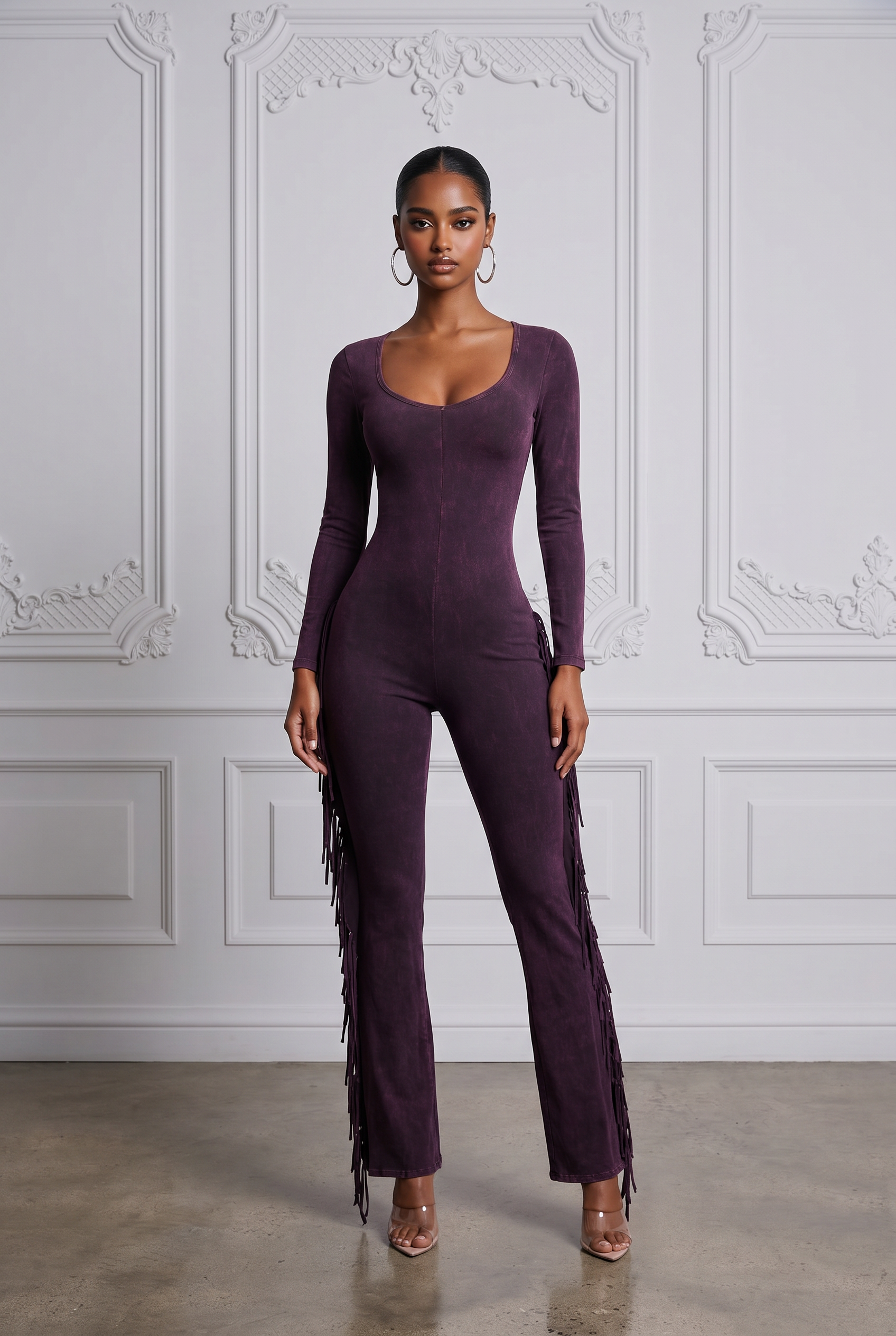 Mineral Wash Fringe Long Sleeve Jumpsuit in Dk Fuschia Size S – Front View