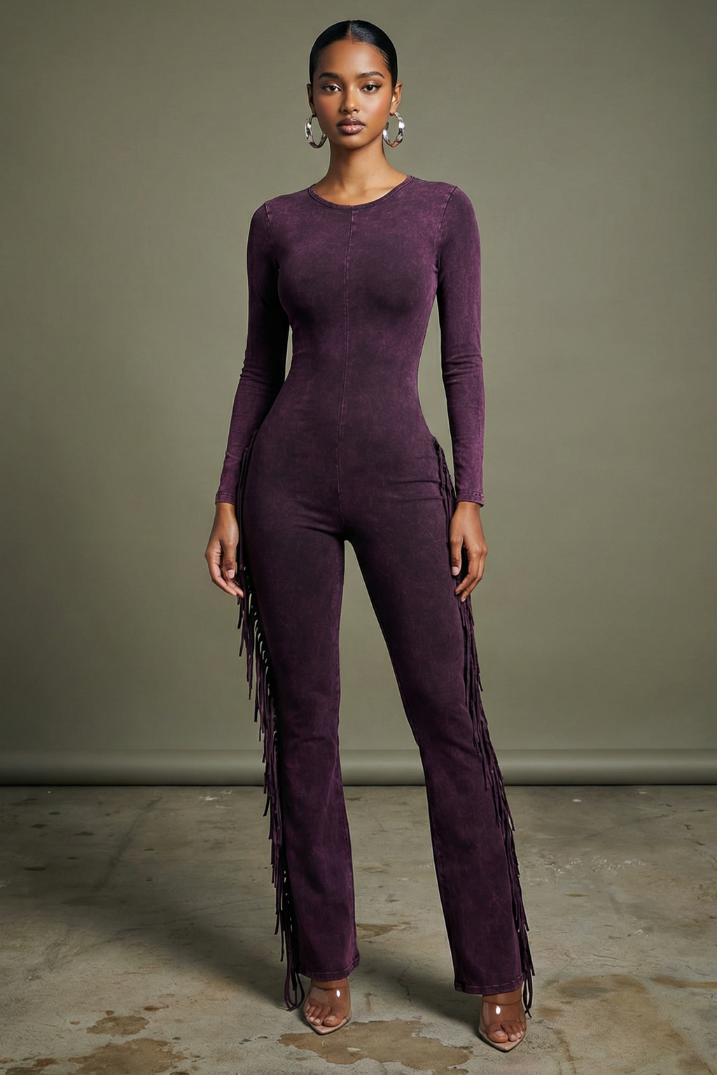 Dark fuchsia mineral wash fringe wide leg jumpsuit, side profile