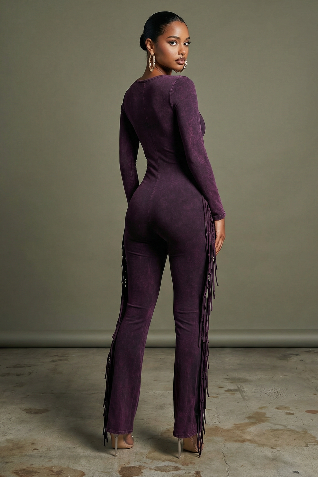 Dark fuchsia mineral wash fringe jumpsuit with long sleeves, back view