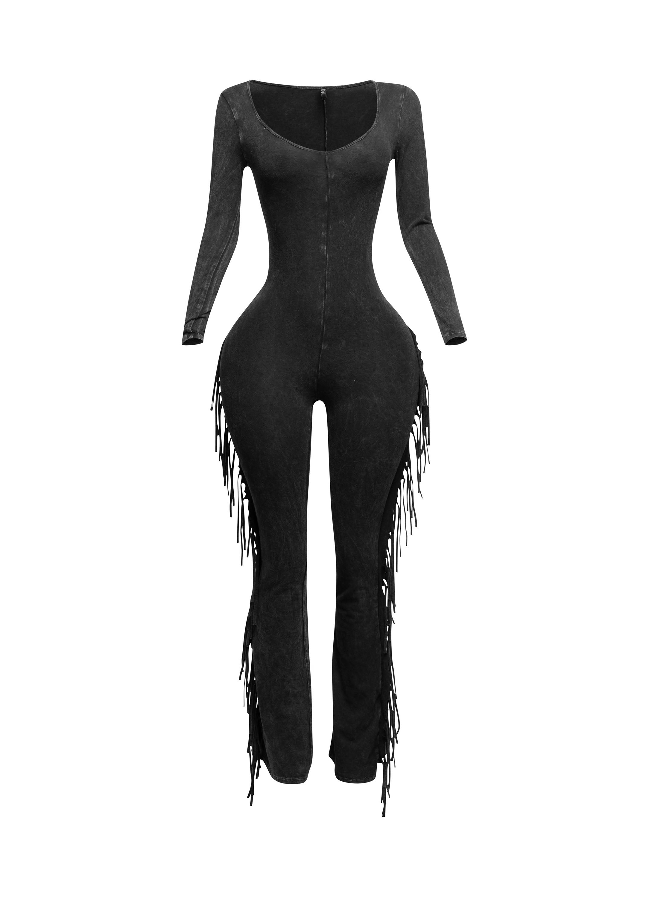 Charcoal mineral wash tie-dye fringe long sleeve jumpsuit styled look