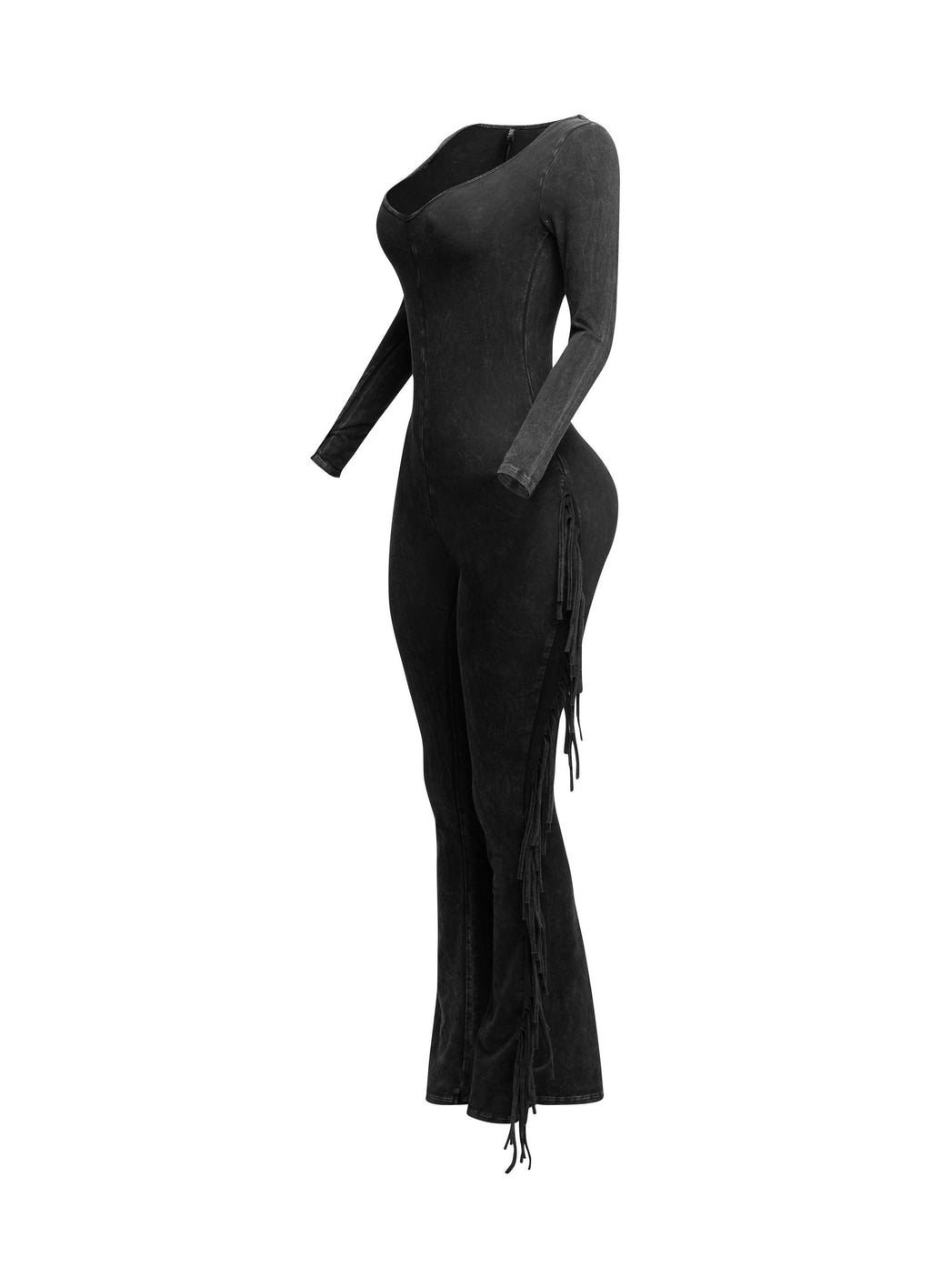 Charcoal mineral wash tie-dye fringe long sleeve jumpsuit styled look