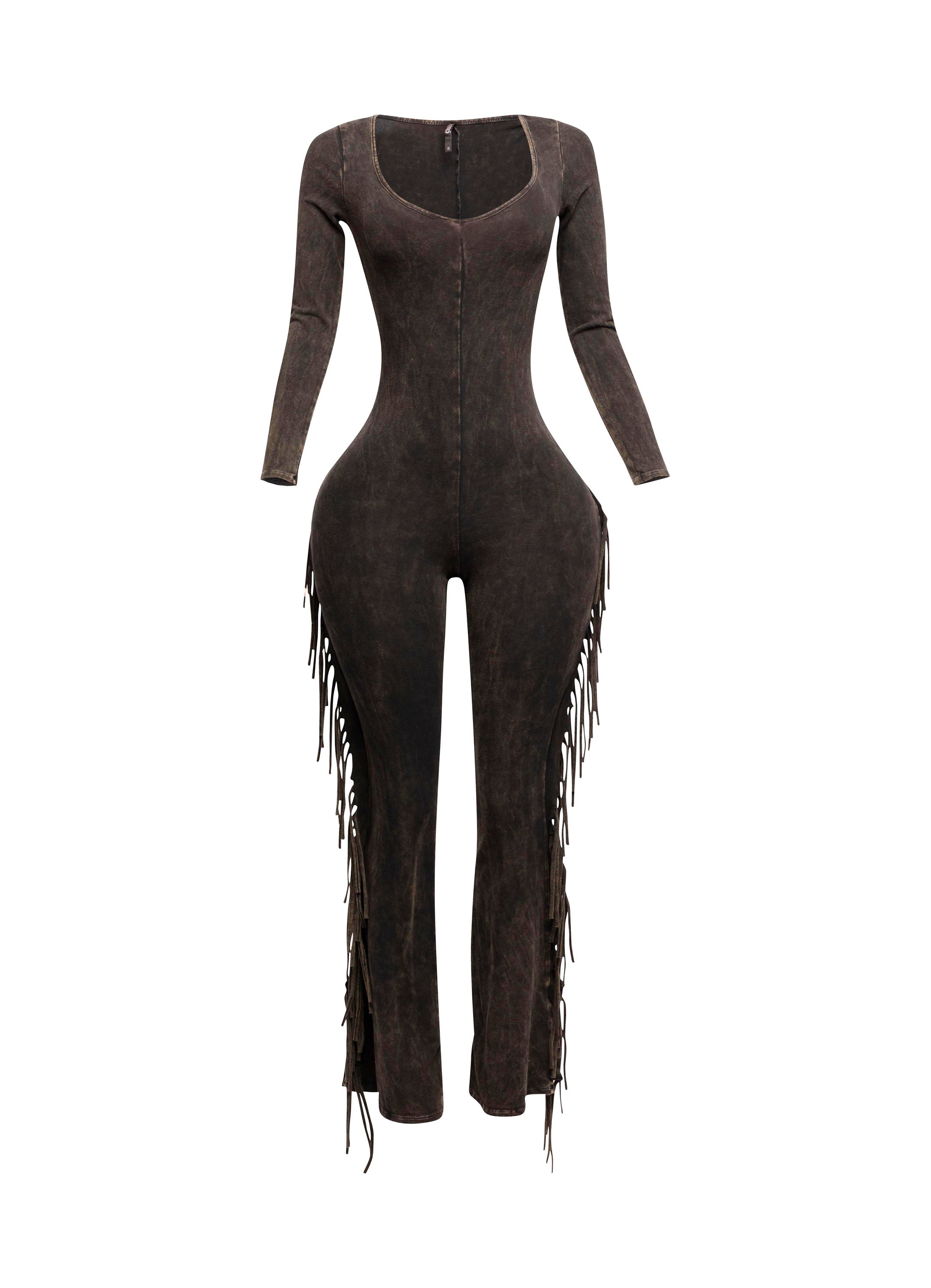 Dark brown mineral wash tie-dye fringe long sleeve jumpsuit styled look