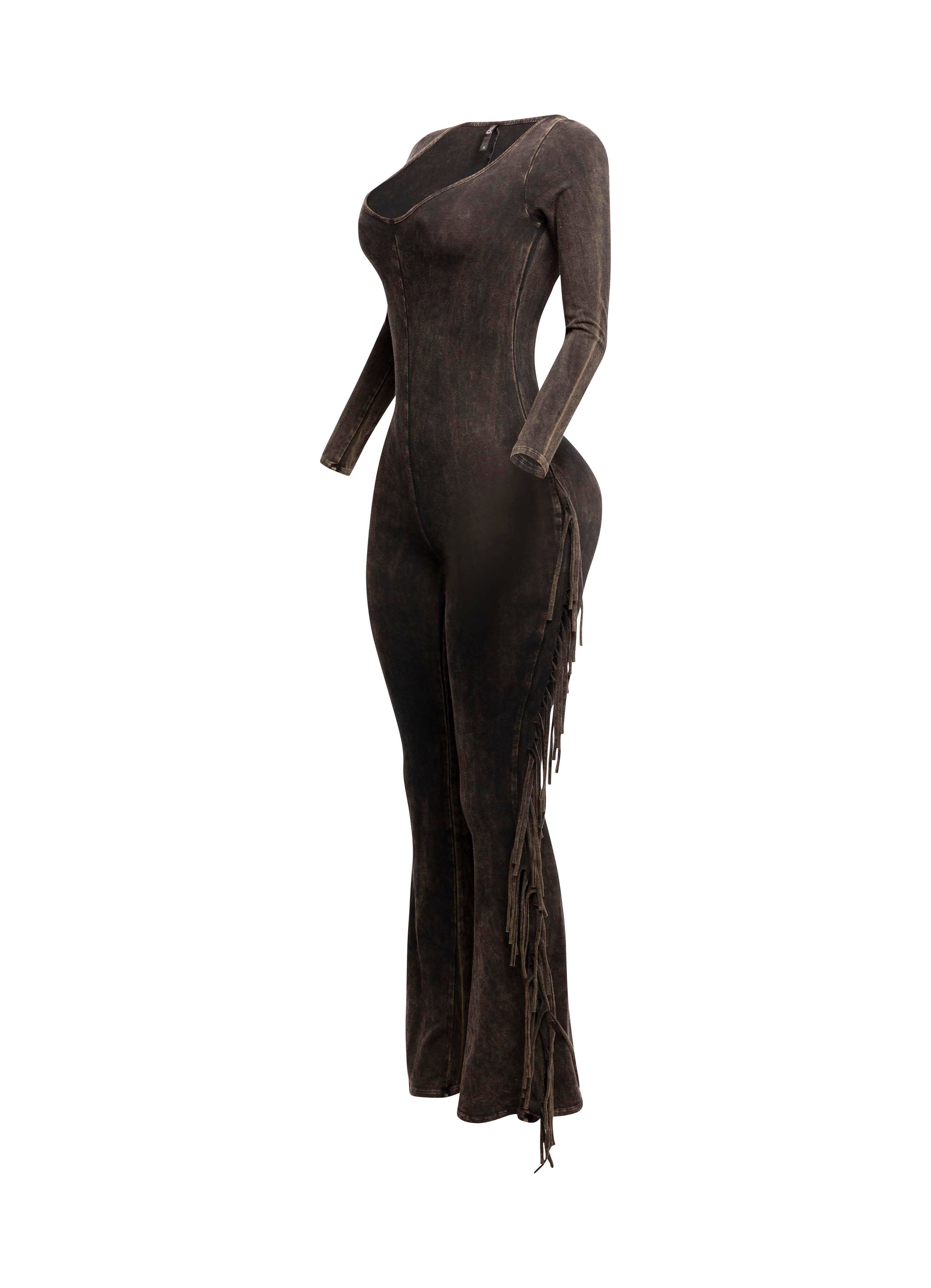 Dark brown mineral wash tie-dye fringe long sleeve jumpsuit styled look