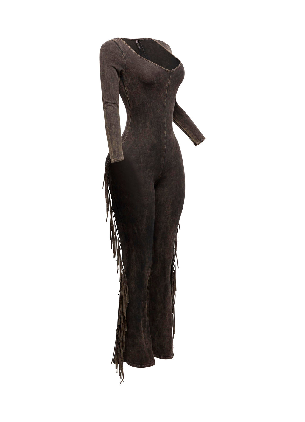 Dark brown mineral wash tie-dye fringe long sleeve jumpsuit styled look