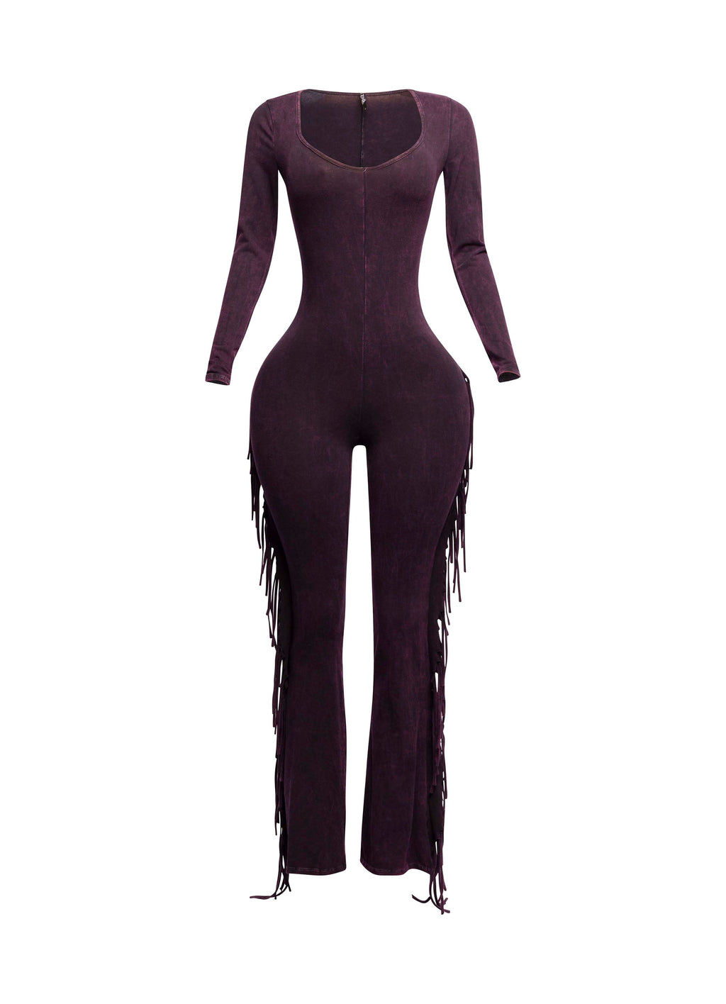 Dark fuchsia mineral wash fringe wide leg jumpsuit, side profile