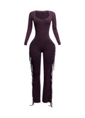 Dark fuchsia mineral wash fringe wide leg jumpsuit, side profile