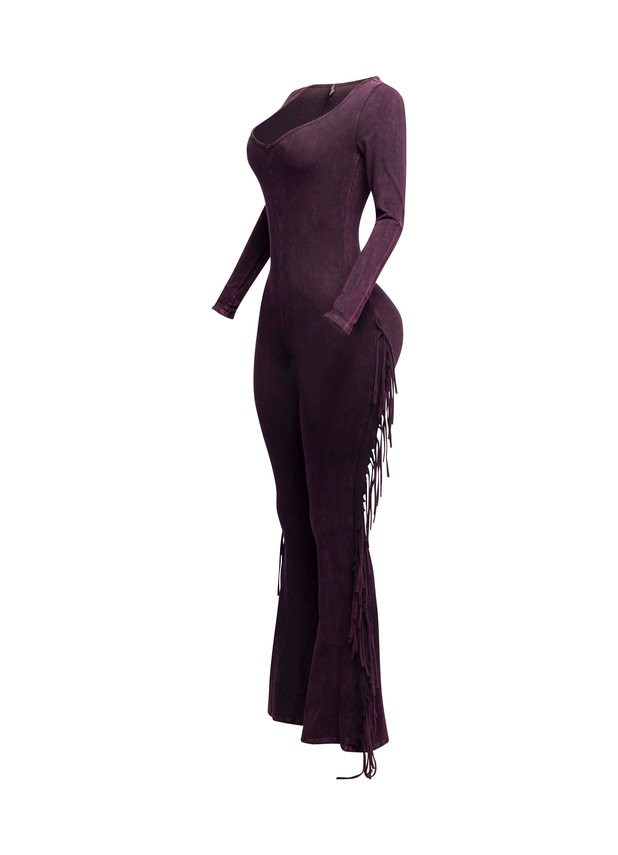 Dark fuchsia mineral wash fringe jumpsuit with long sleeves, back view