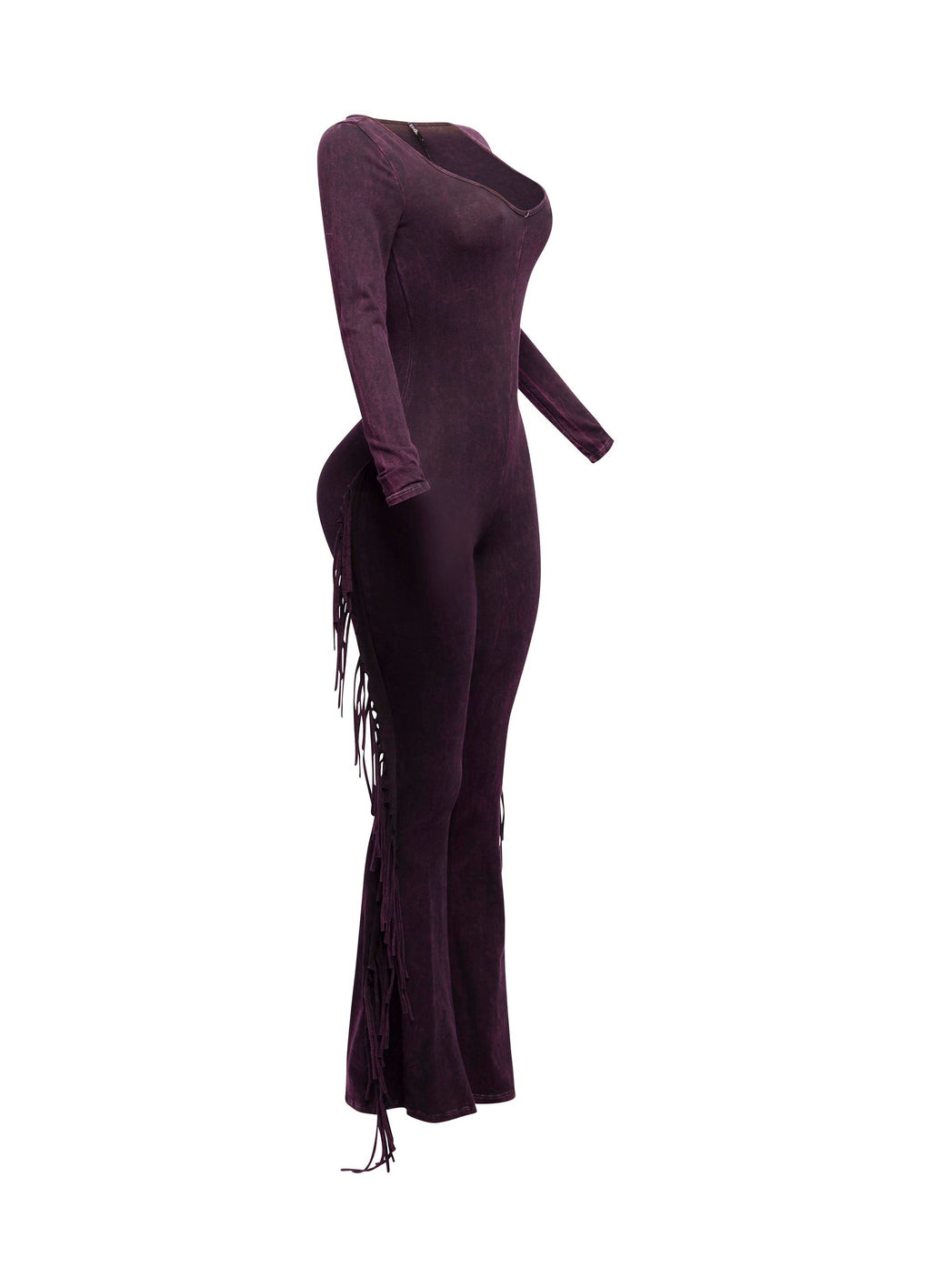 Dark fuchsia mineral wash fringe wide leg jumpsuit, side profile