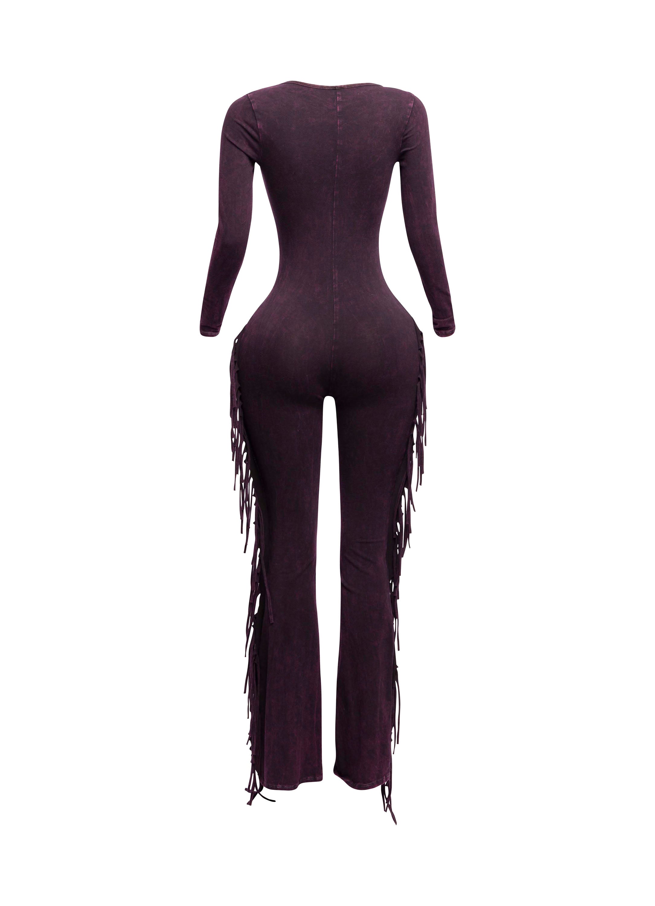 Dark fuchsia mineral wash fringe jumpsuit with long sleeves, back view