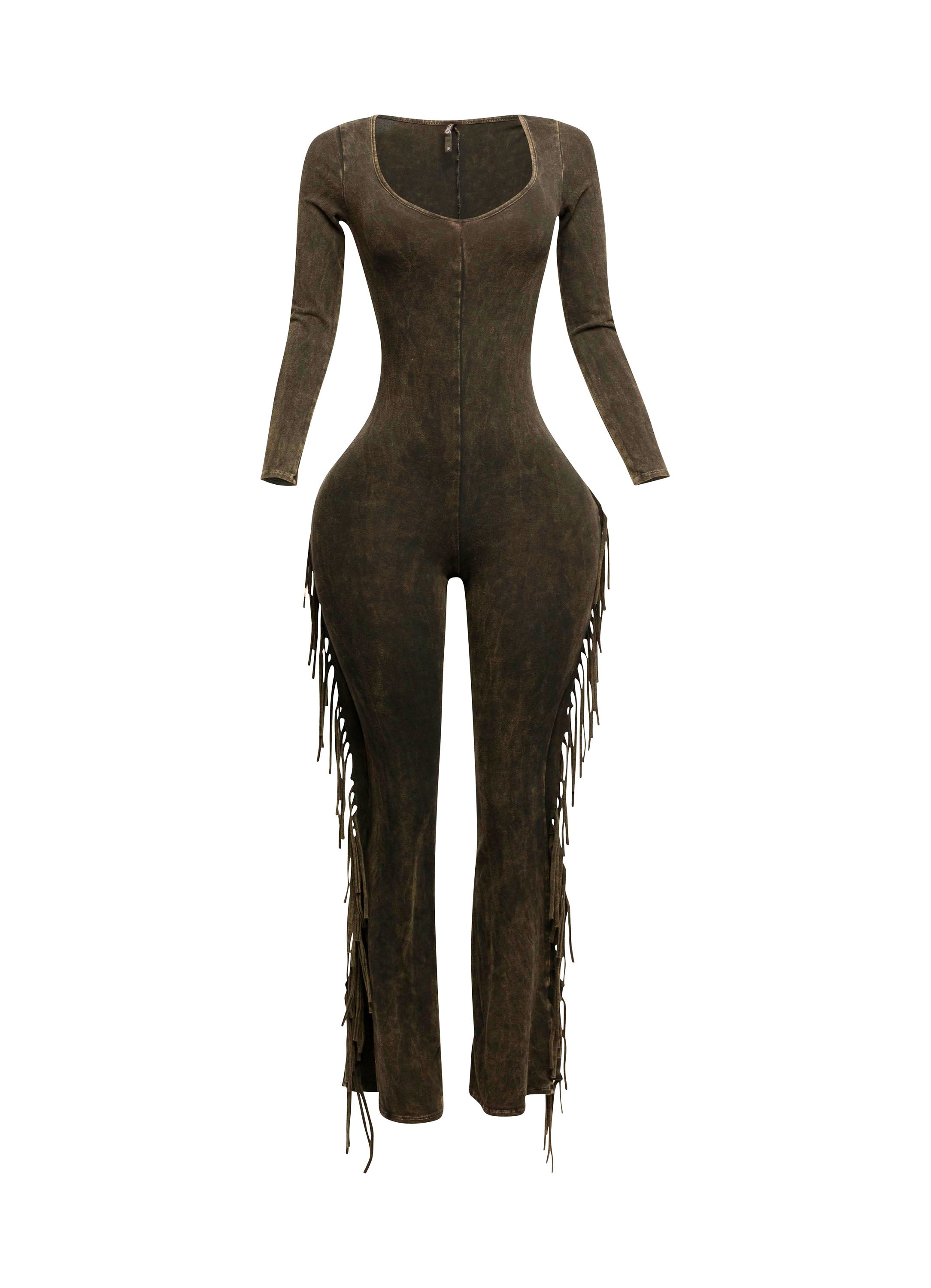 Mineral Wash Fringe Long Sleeve Jumpsuit in Dk Brown Size L – View 9