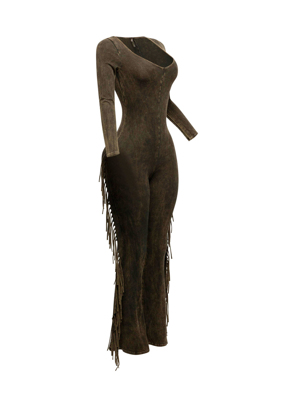 Dark mustard mineral wash fringe jumpsuit with long sleeves, back view