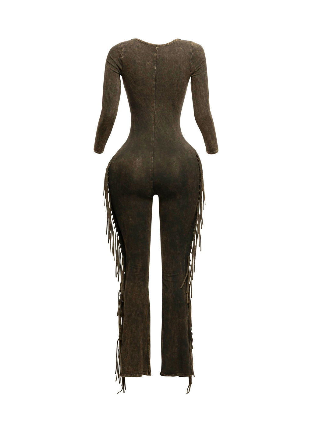 Dark mustard mineral wash tie-dye fringe long sleeve jumpsuit styled look