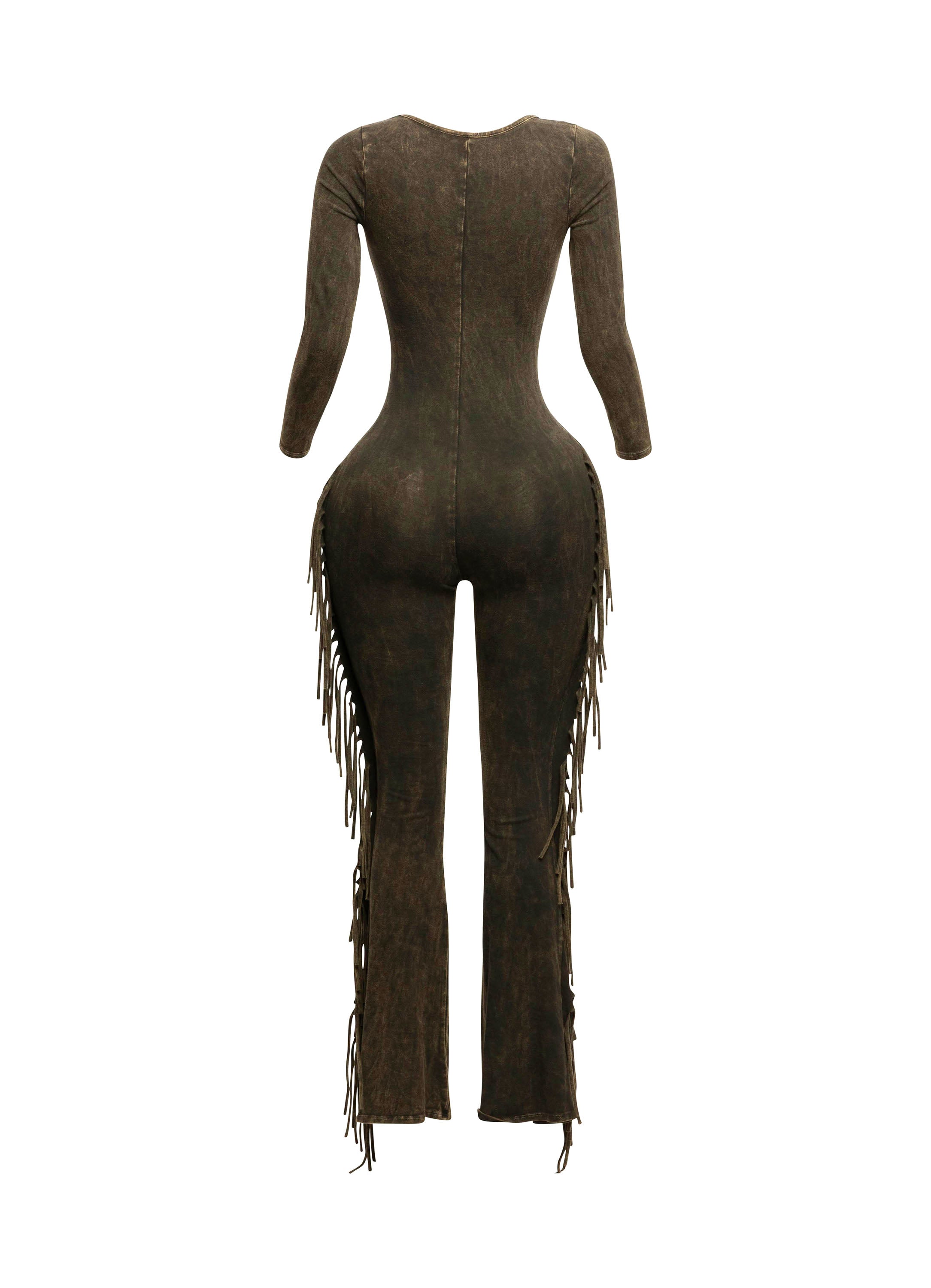 Dark mustard mineral wash tie-dye fringe long sleeve jumpsuit styled look