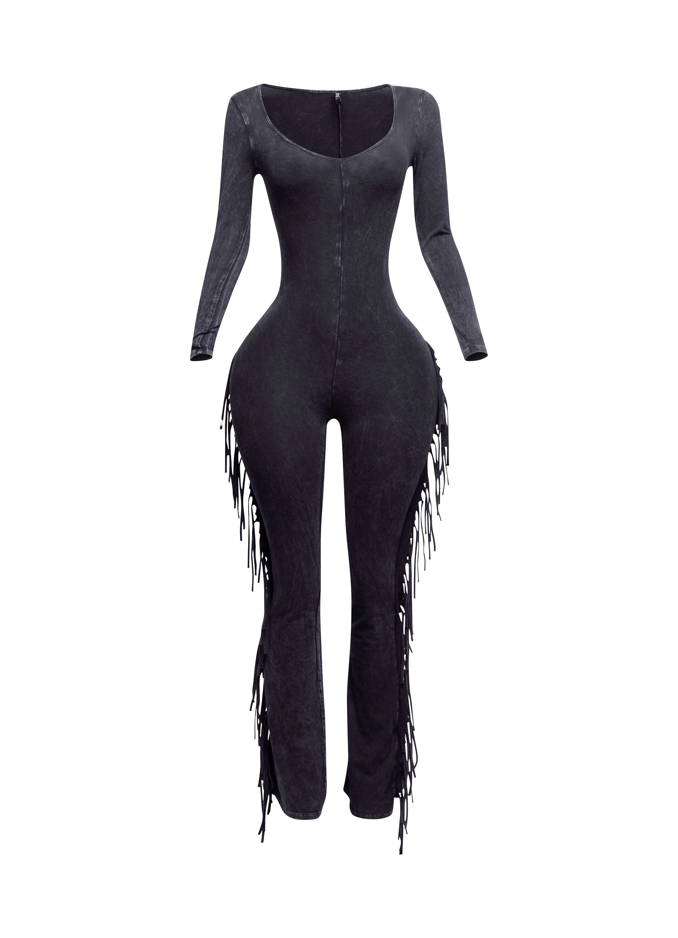 Navy mineral wash tie-dye fringe long sleeve jumpsuit styled look