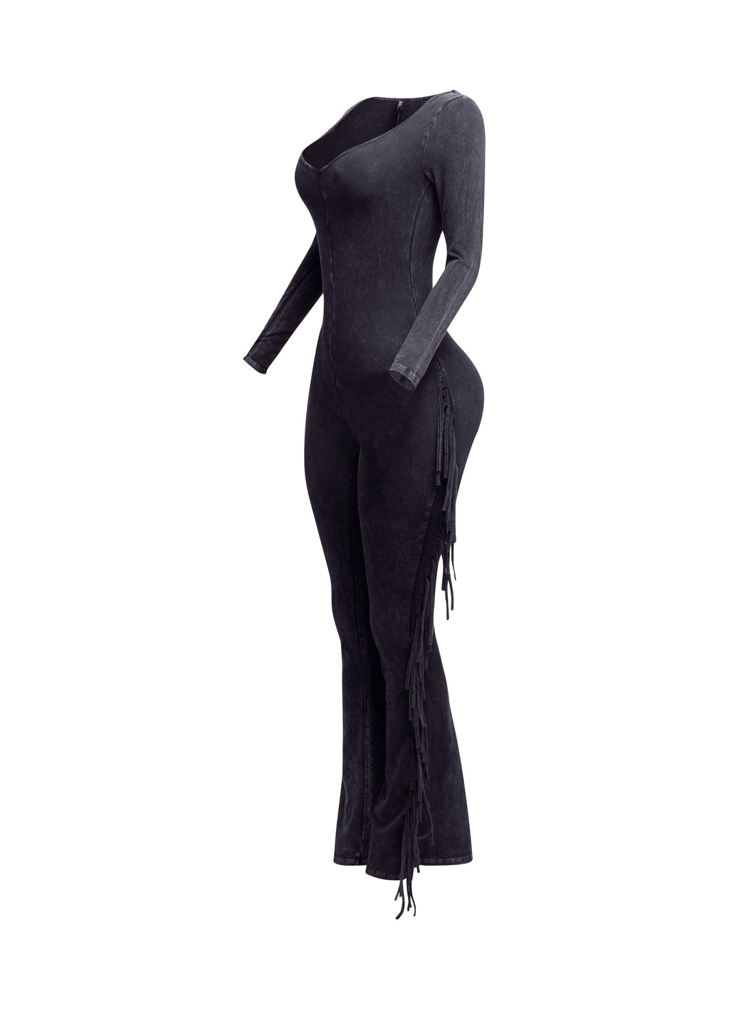 Navy mineral wash tie-dye fringe long sleeve jumpsuit styled look