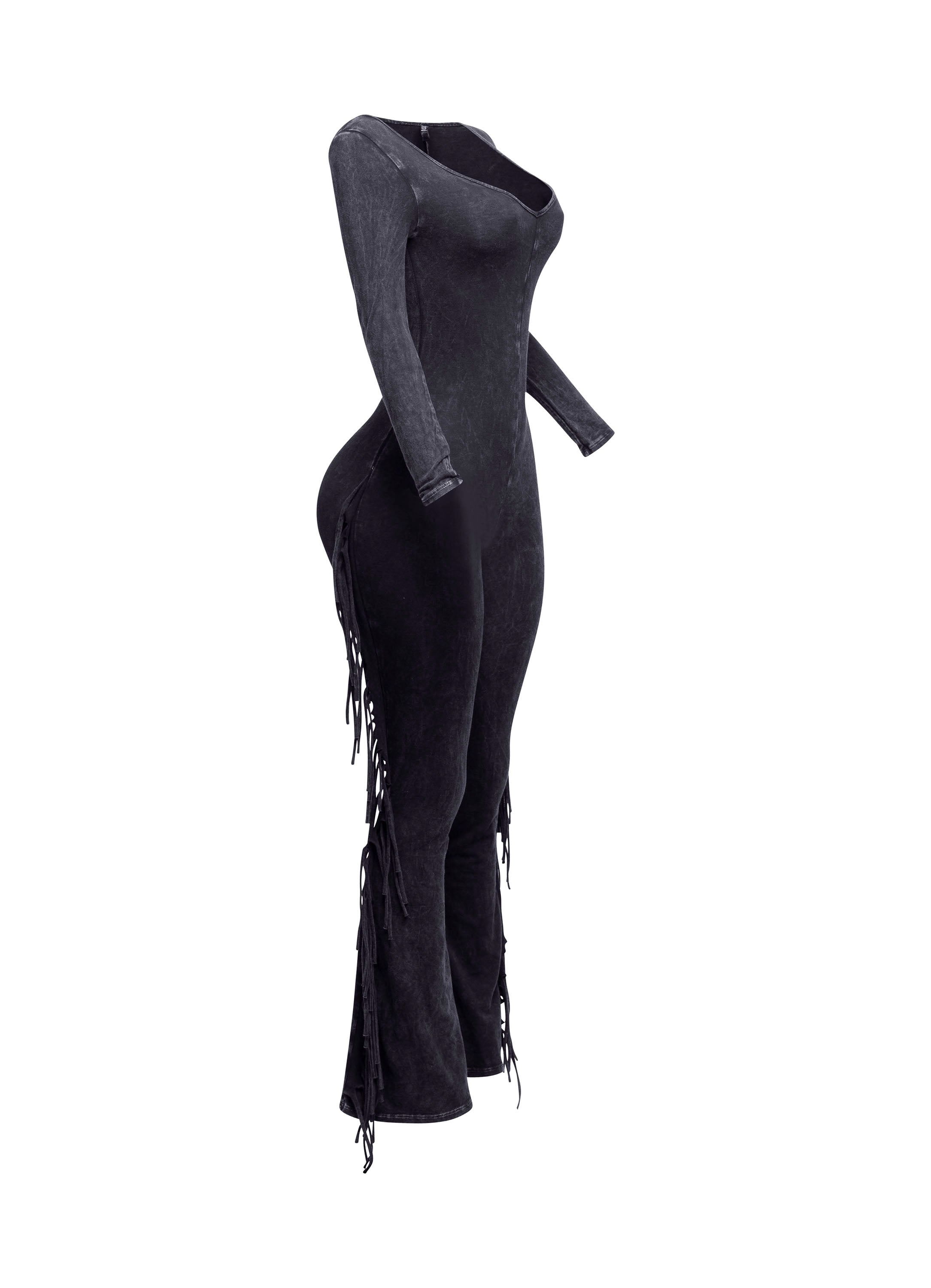 Mineral Wash Fringe Long Sleeve Jumpsuit in Dk Navy Size M – View 14