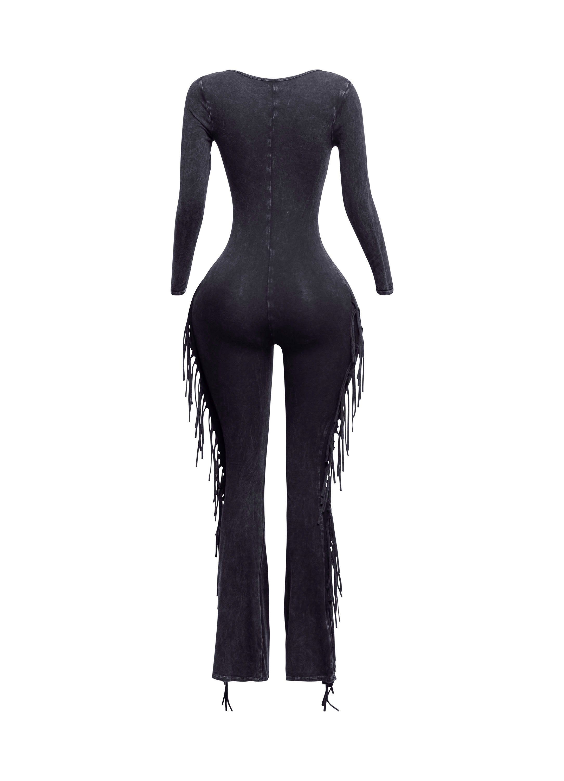 Navy mineral wash tie-dye fringe long sleeve jumpsuit styled look