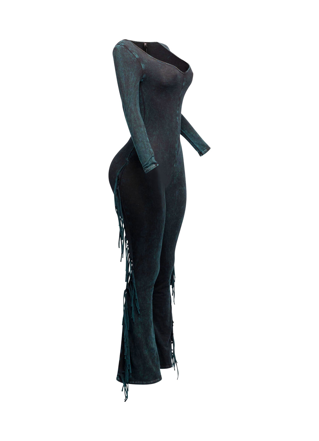Teal mineral wash tie-dye fringe long sleeve jumpsuit styled look