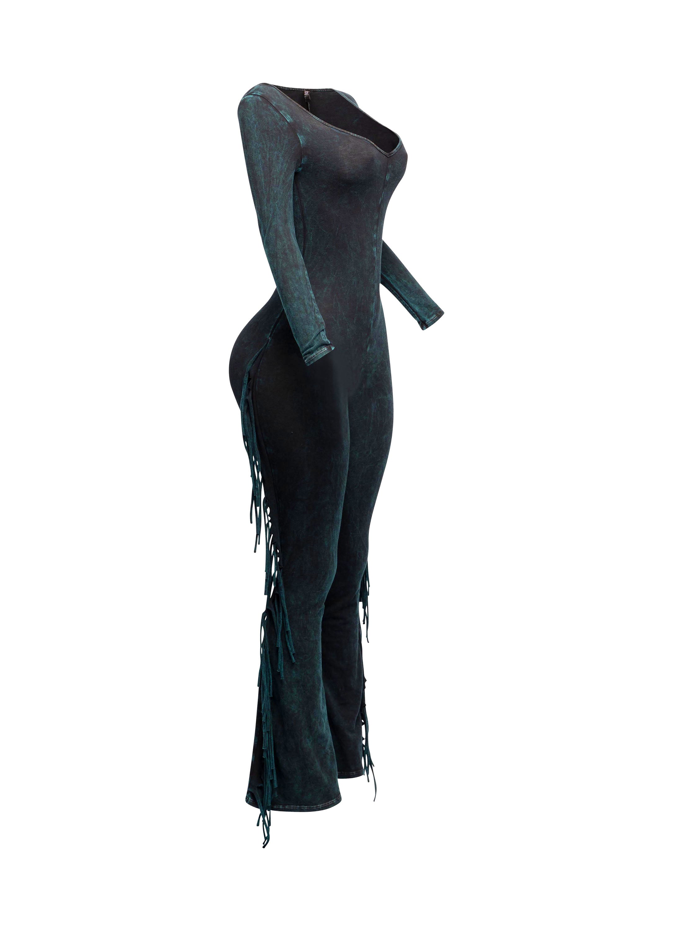 Teal mineral wash tie-dye fringe long sleeve jumpsuit styled look