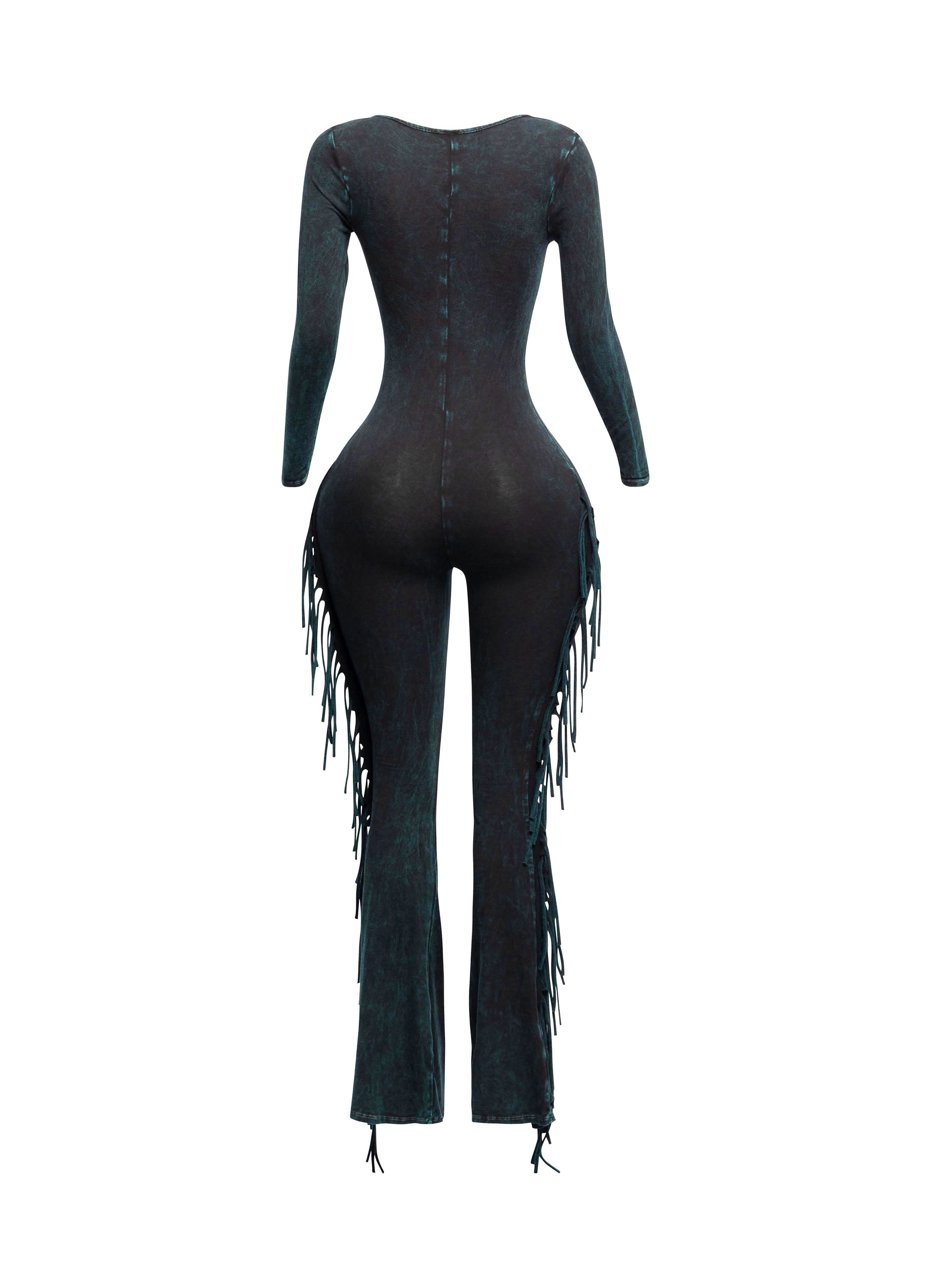 Teal mineral wash tie-dye fringe long sleeve jumpsuit styled look
